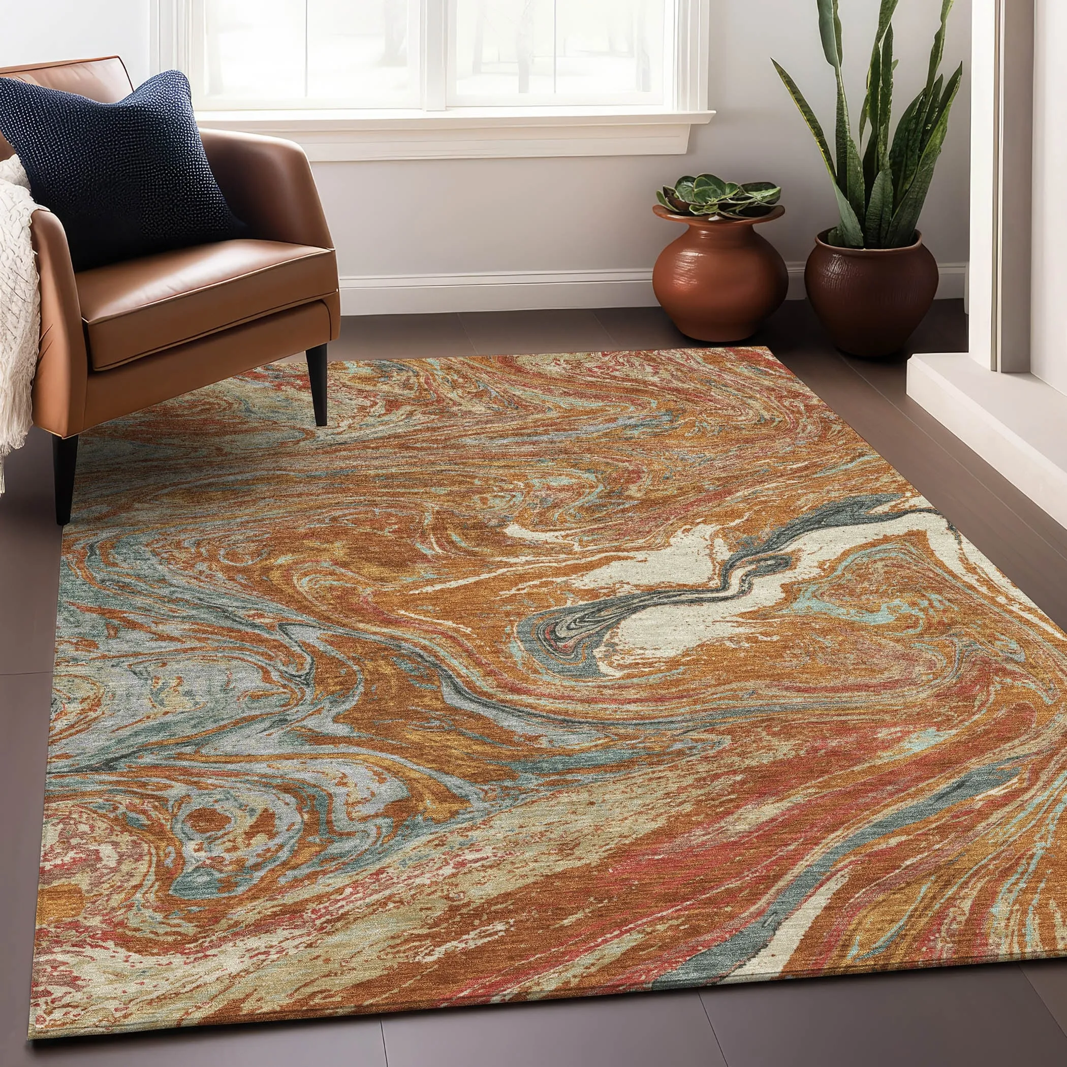 Machine Washable Indoor/ Outdoor Abstract Brushstroke Chantille Rug