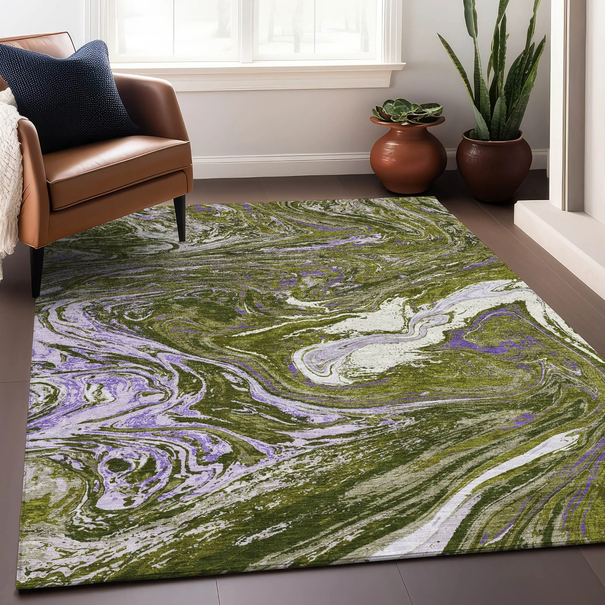 Machine Washable Indoor/ Outdoor Abstract Brushstroke Chantille Rug