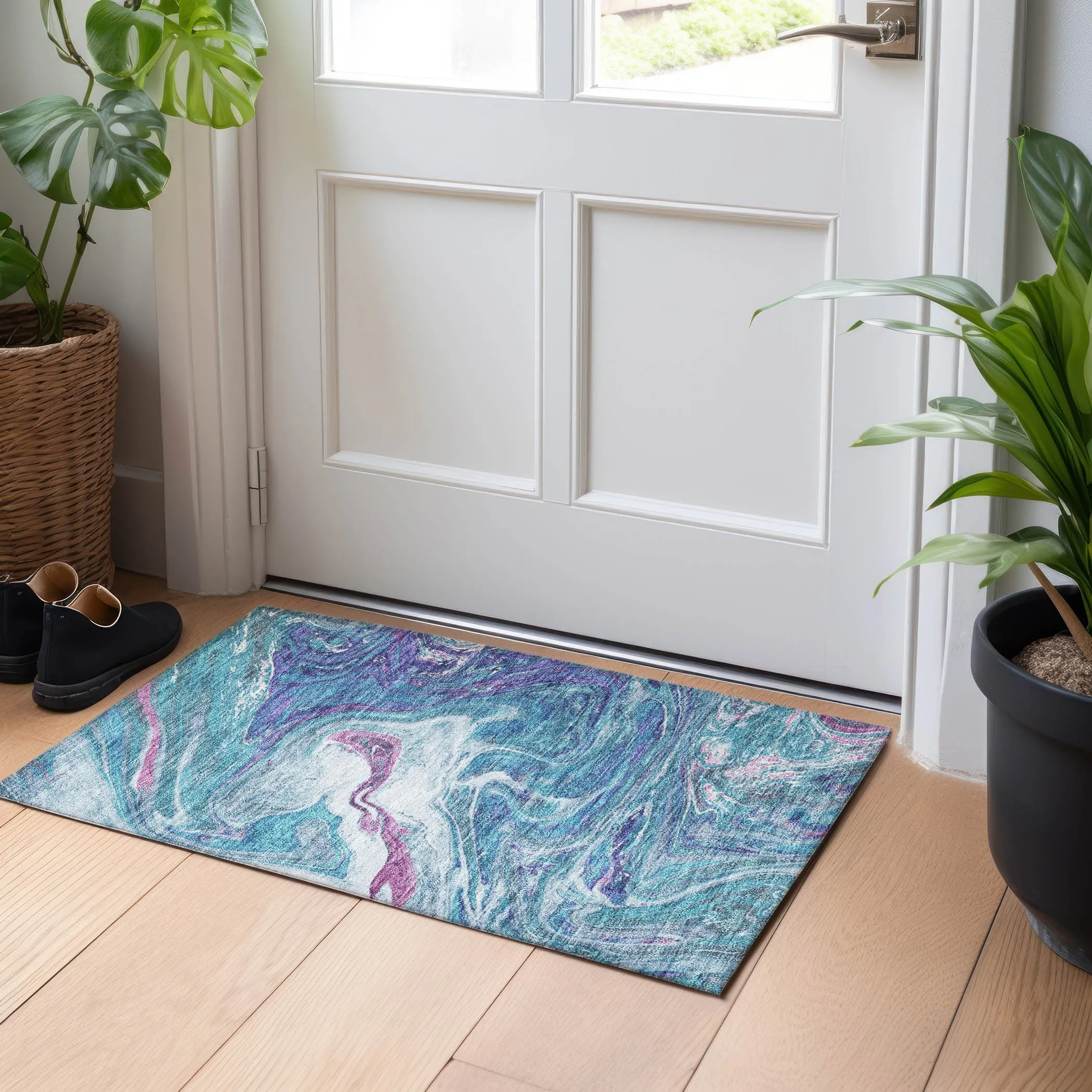 Machine Washable Indoor/ Outdoor Abstract Brushstroke Chantille Rug
