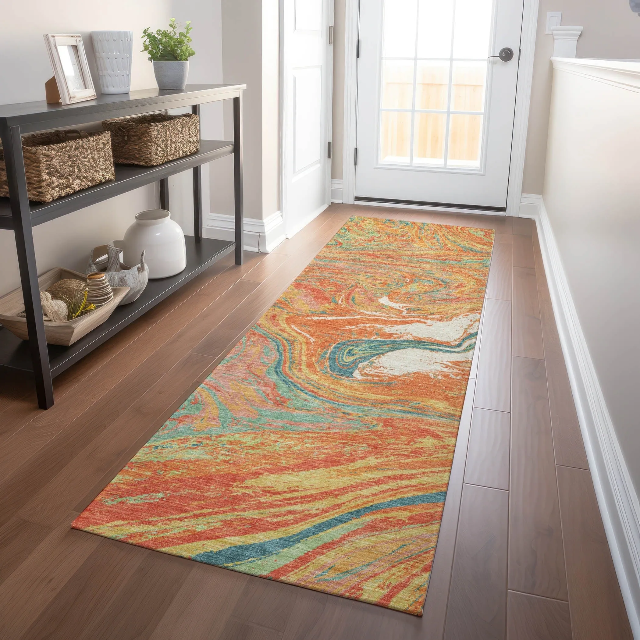 Machine Washable Indoor/ Outdoor Abstract Brushstroke Chantille Rug