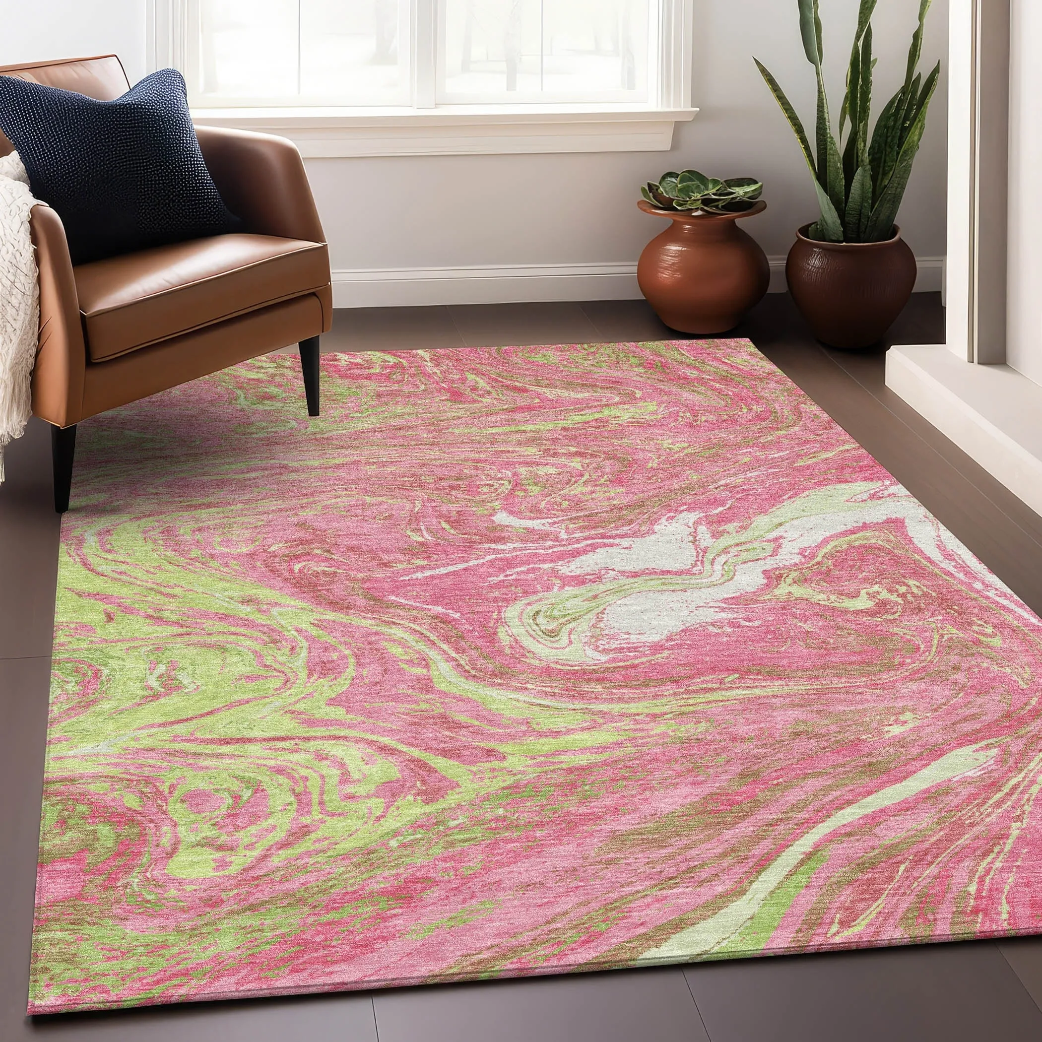 Machine Washable Indoor/ Outdoor Abstract Brushstroke Chantille Rug