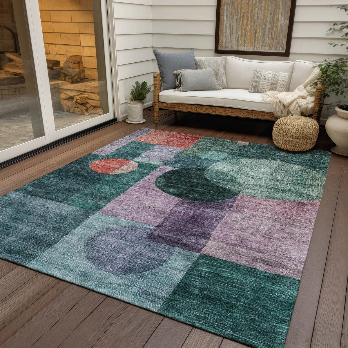 Machine Washable Indoor/ Outdoor Abstract Geo Chantille Rug