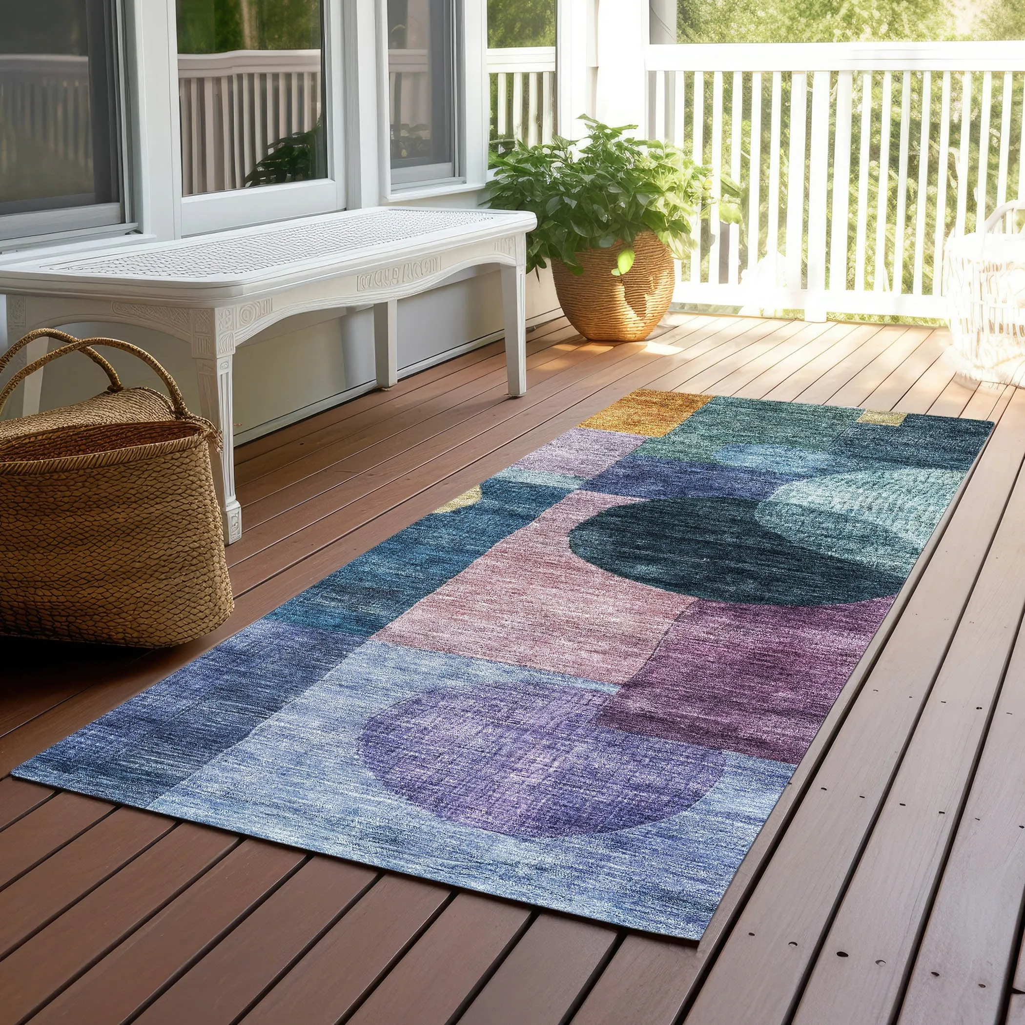 Machine Washable Indoor/ Outdoor Abstract Geo Chantille Rug