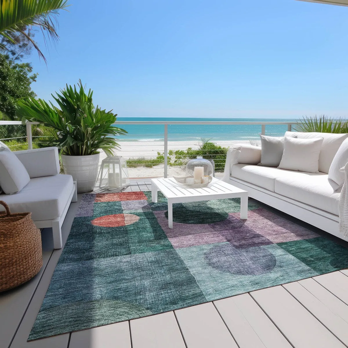 Machine Washable Indoor/ Outdoor Abstract Geo Chantille Rug