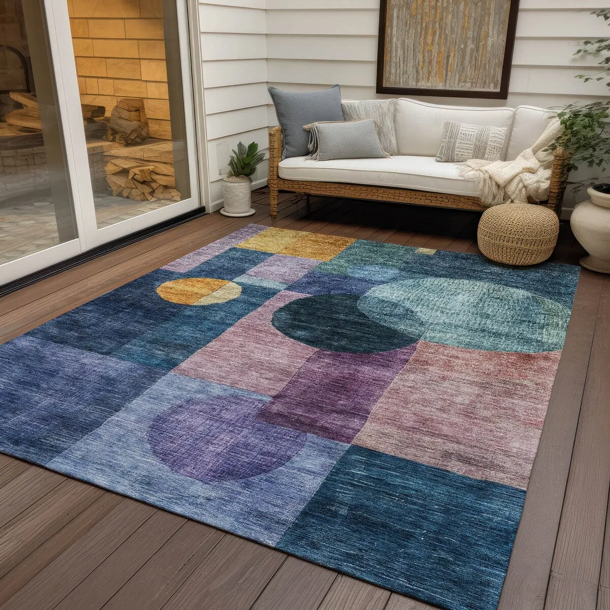 Machine Washable Indoor/ Outdoor Abstract Geo Chantille Rug