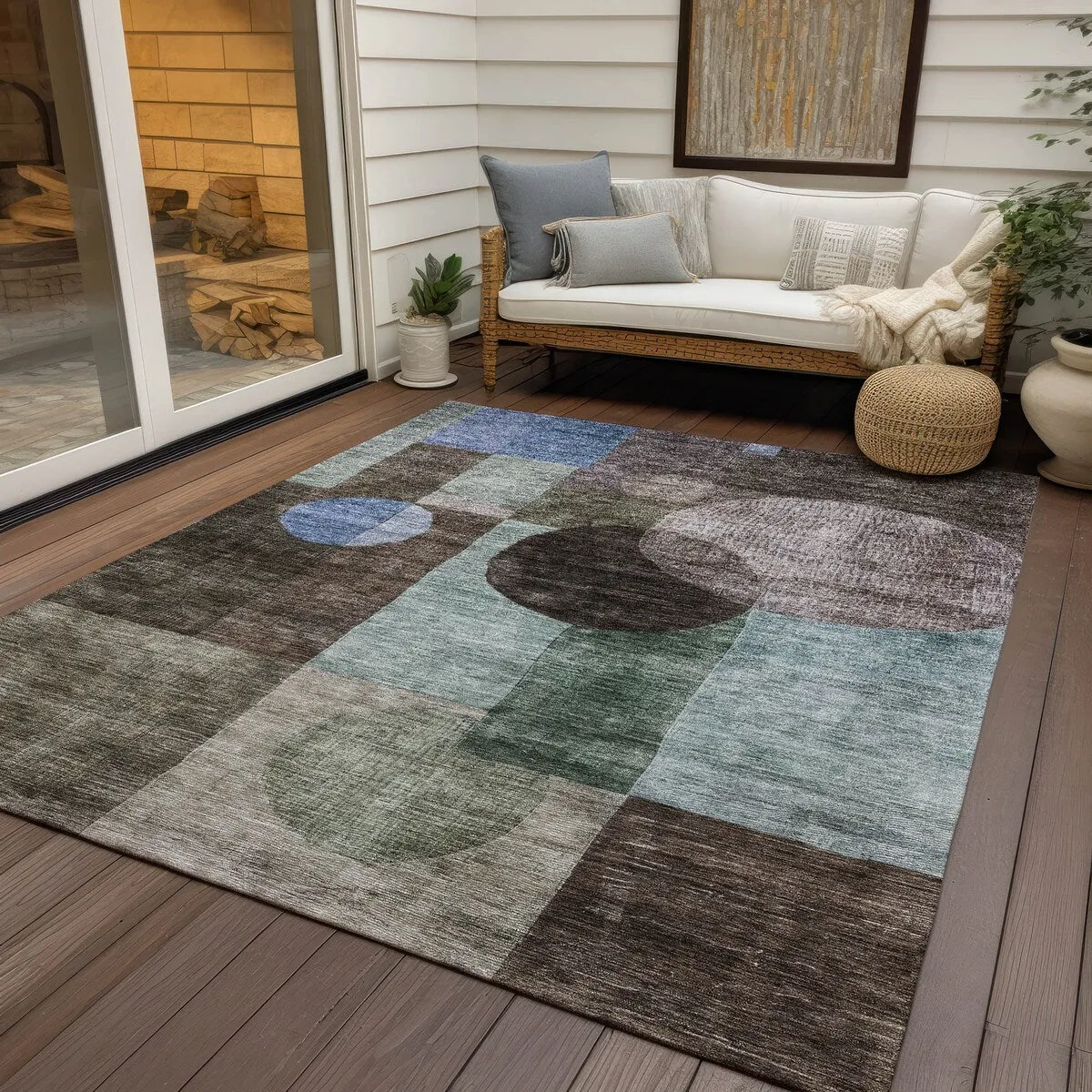 Machine Washable Indoor/ Outdoor Abstract Geo Chantille Rug