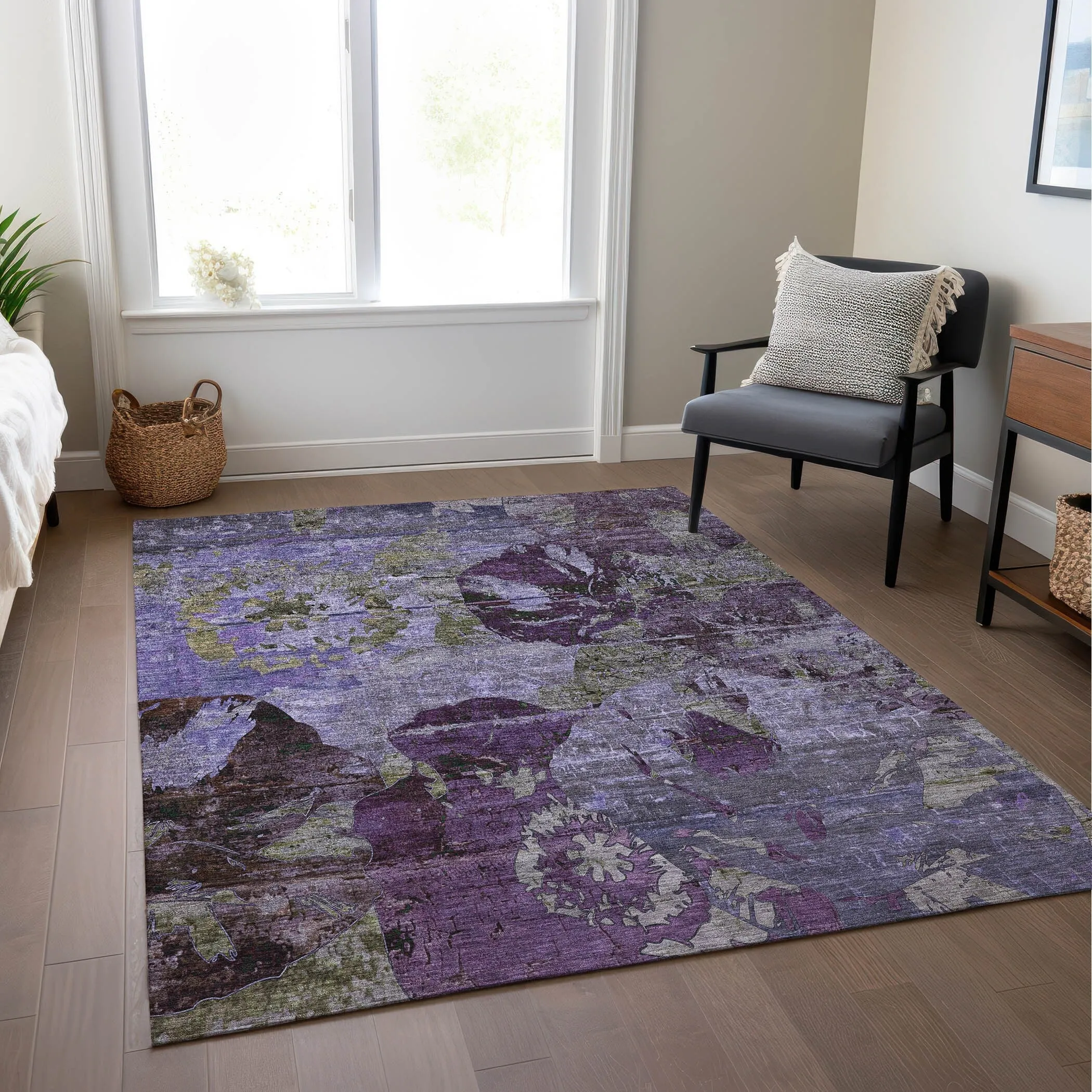 Machine Washable Indoor/ Outdoor Abstract Leaves Chantille Rug