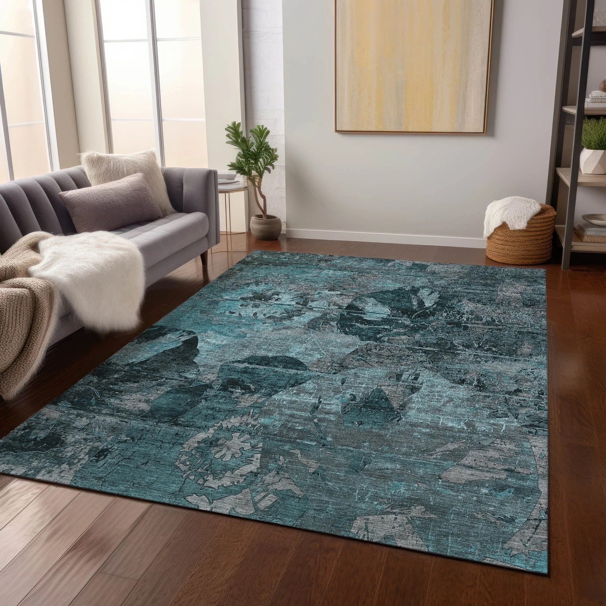 Machine Washable Indoor/ Outdoor Abstract Leaves Chantille Rug