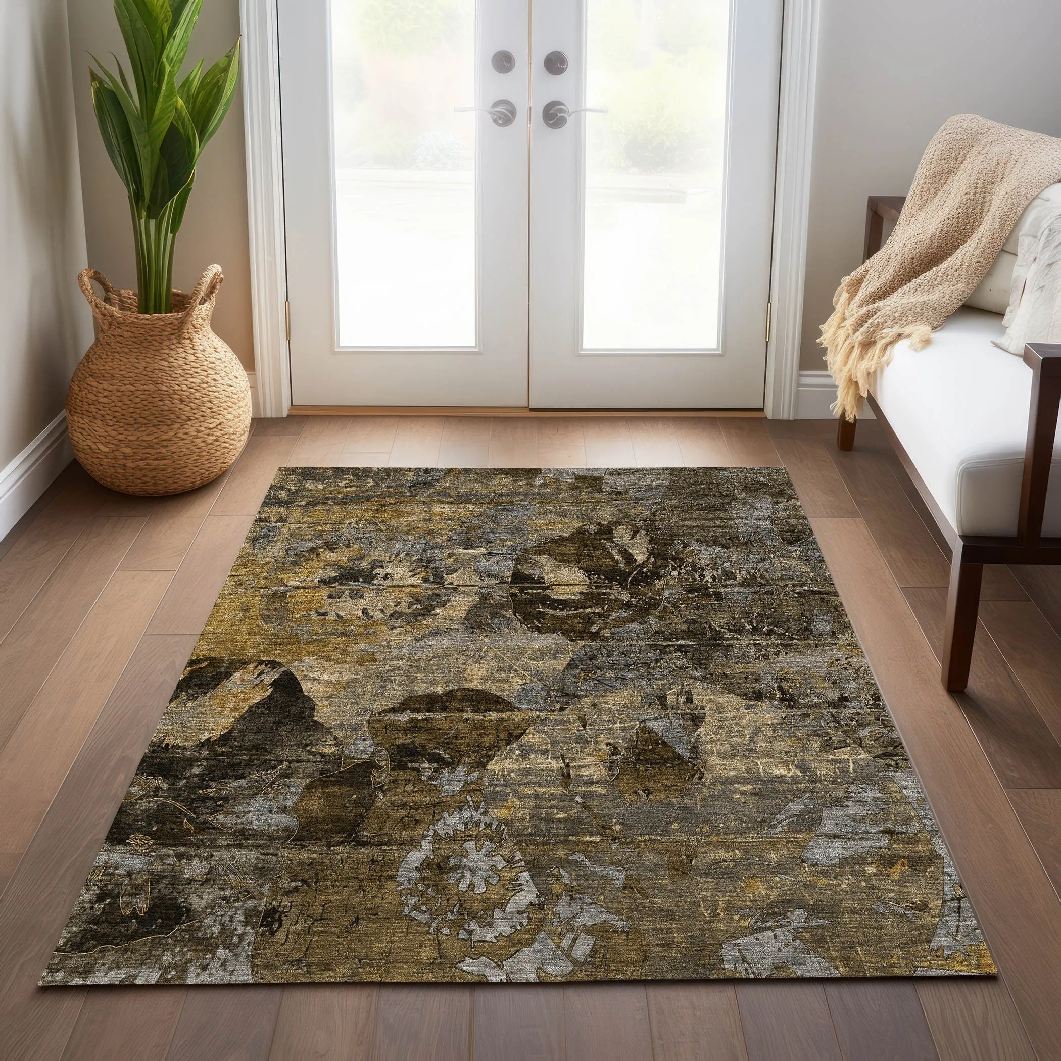 Machine Washable Indoor/ Outdoor Abstract Leaves Chantille Rug