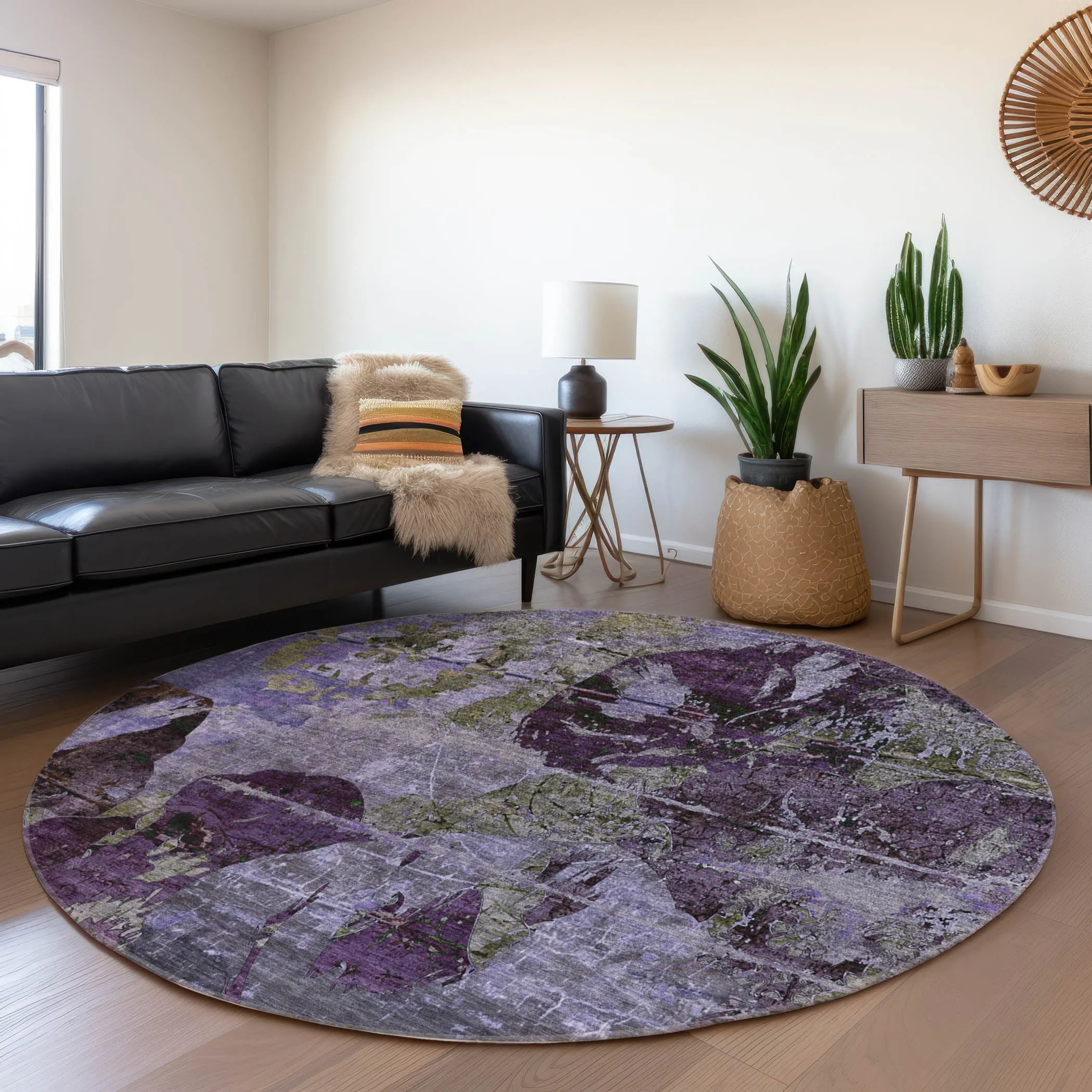 Machine Washable Indoor/ Outdoor Abstract Leaves Chantille Rug