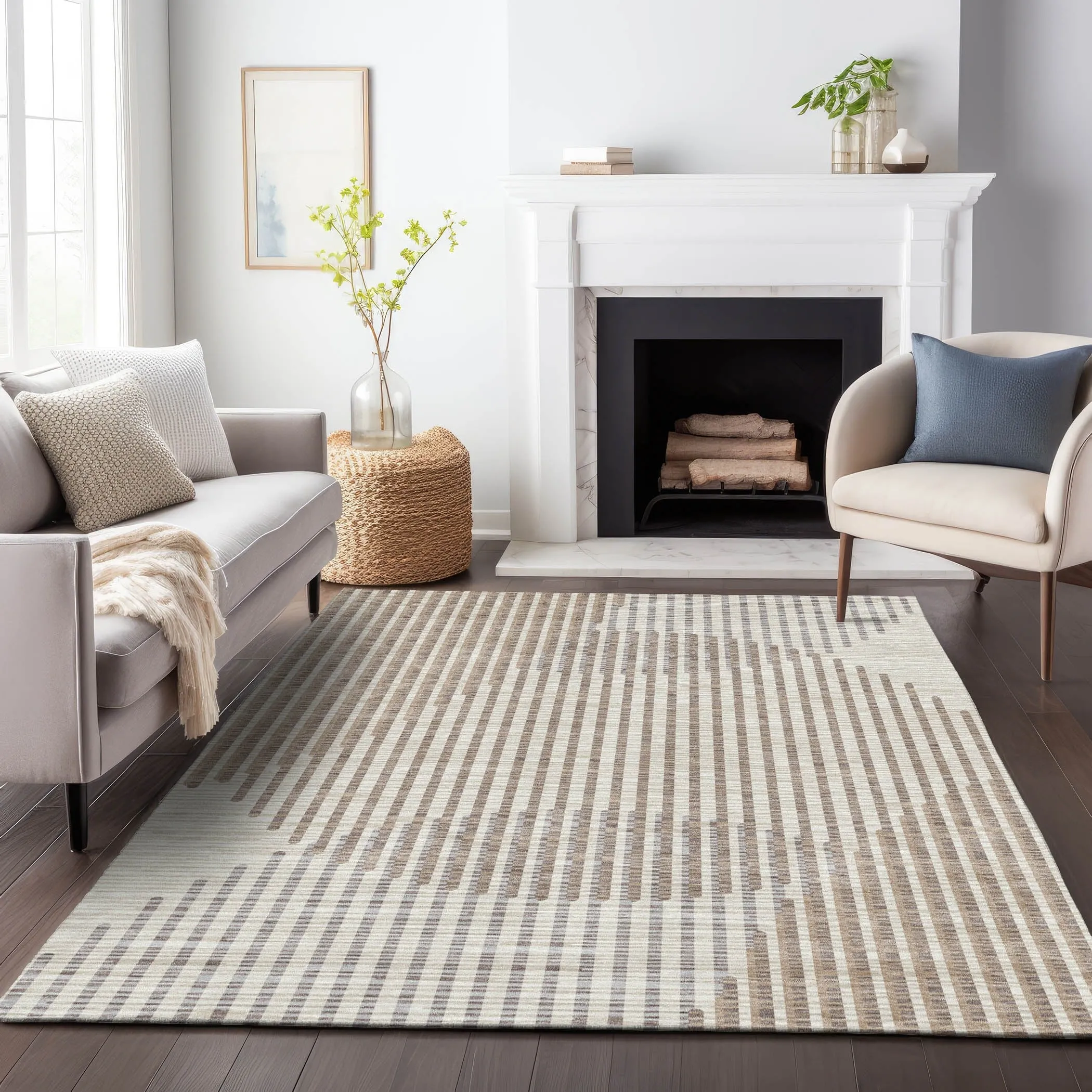 Machine Washable Indoor/ Outdoor Abstract Stripe Chantille Rug