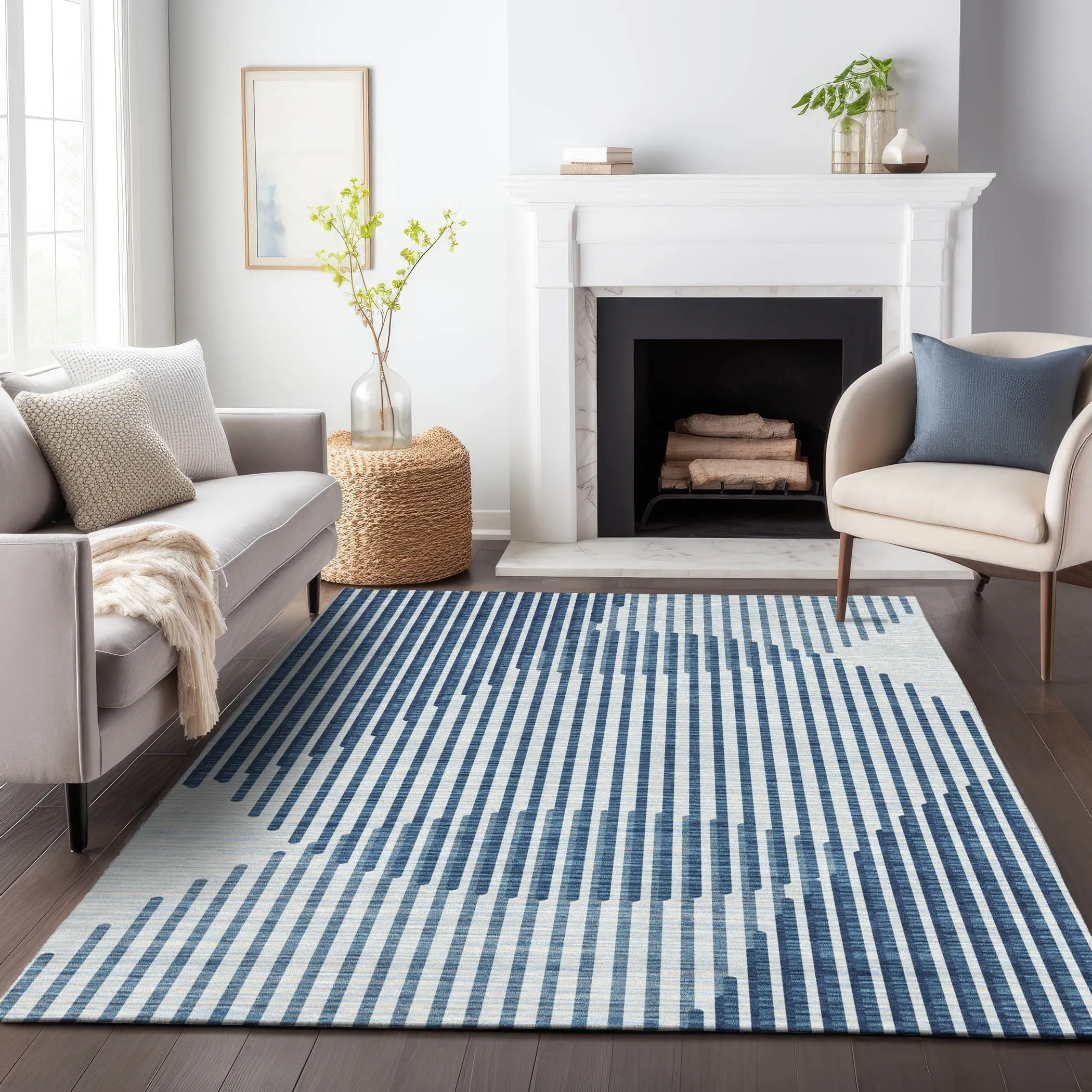 Machine Washable Indoor/ Outdoor Abstract Stripe Chantille Rug