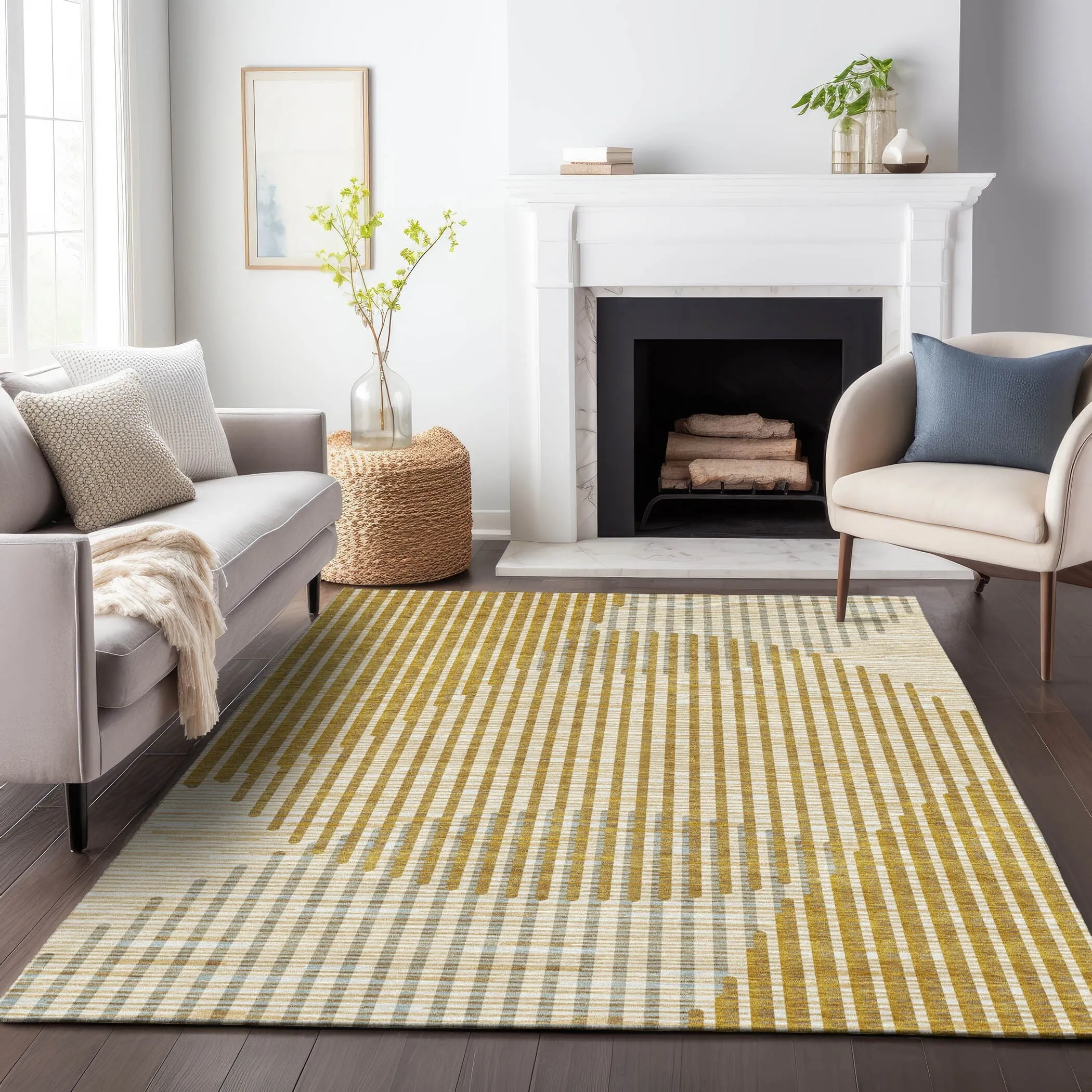 Machine Washable Indoor/ Outdoor Abstract Stripe Chantille Rug