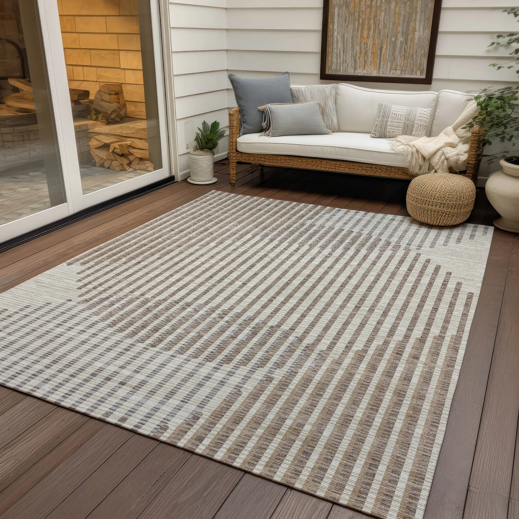 Machine Washable Indoor/ Outdoor Abstract Stripe Chantille Rug