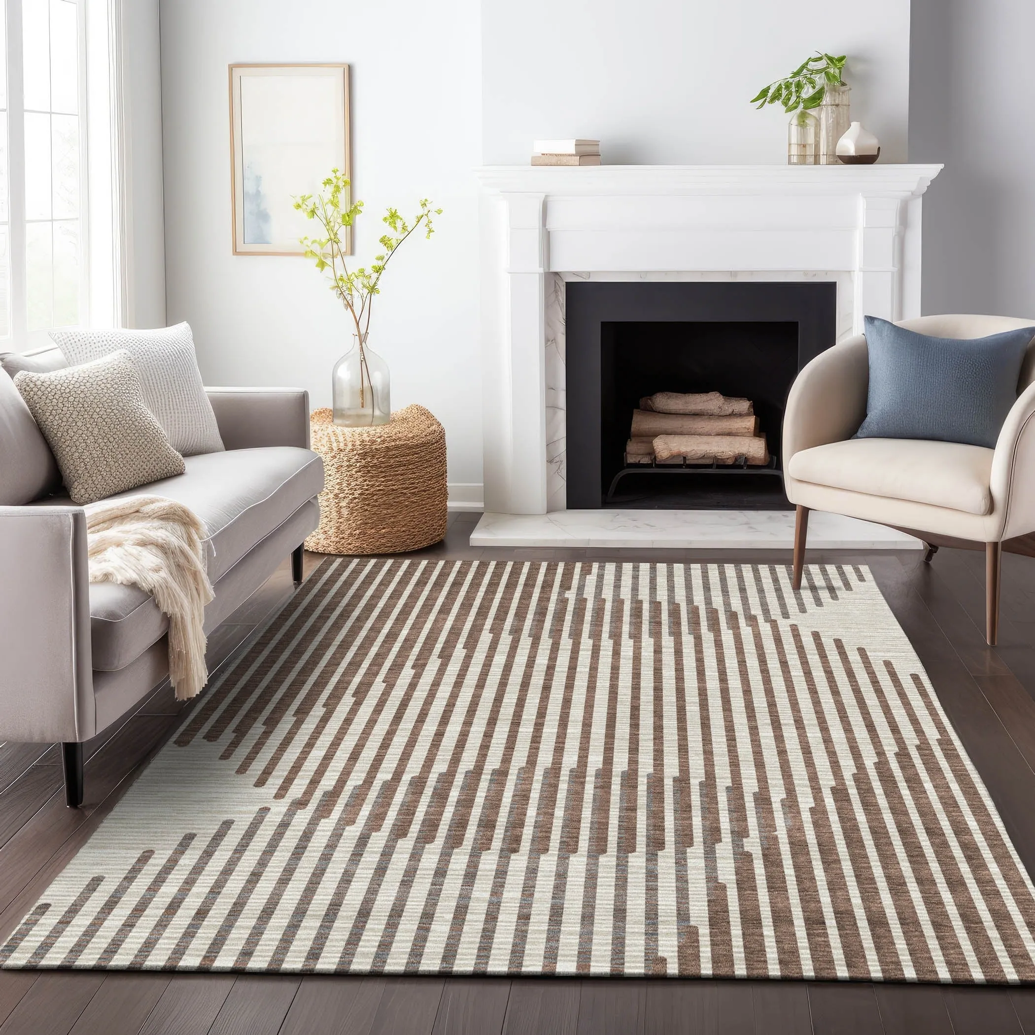 Machine Washable Indoor/ Outdoor Abstract Stripe Chantille Rug