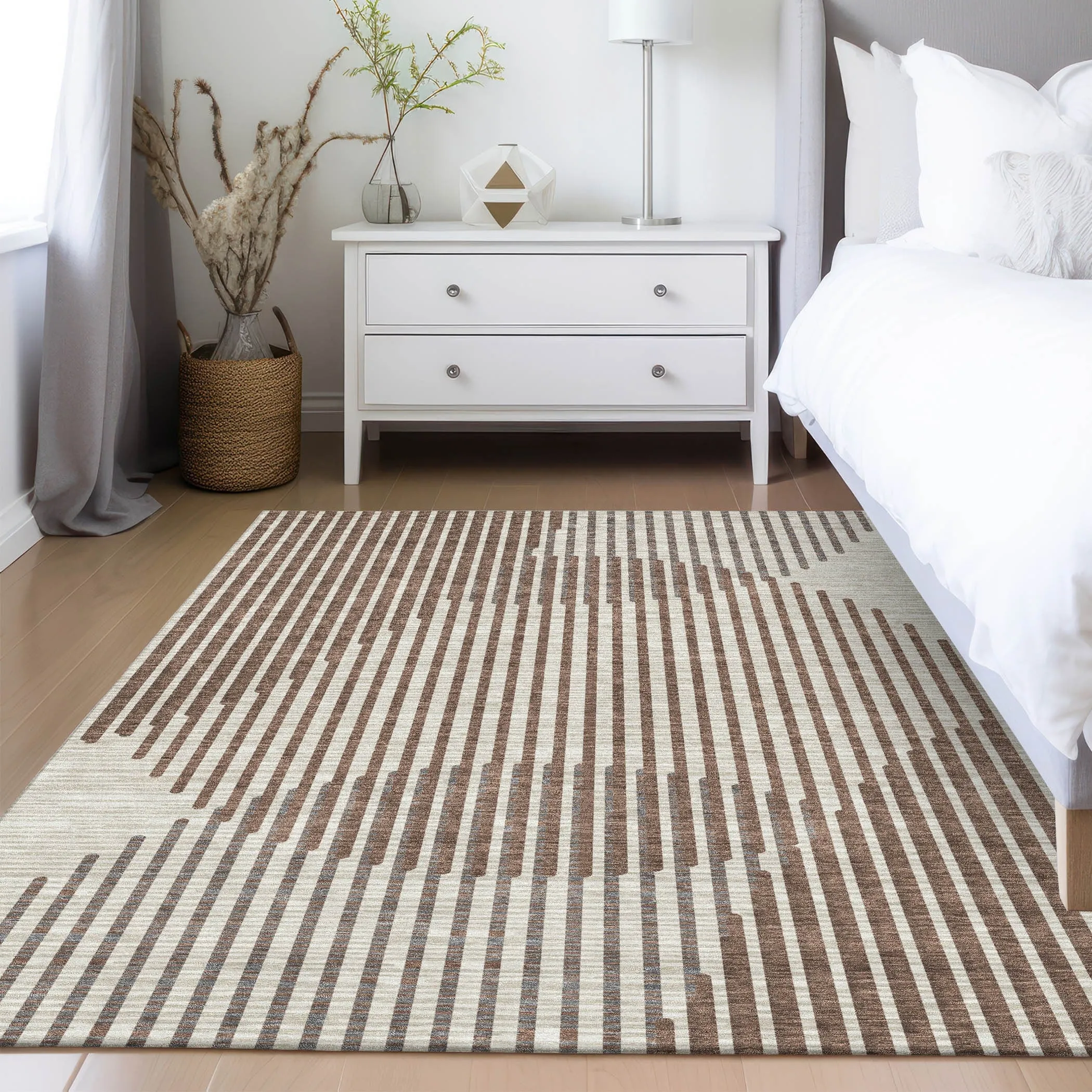 Machine Washable Indoor/ Outdoor Abstract Stripe Chantille Rug
