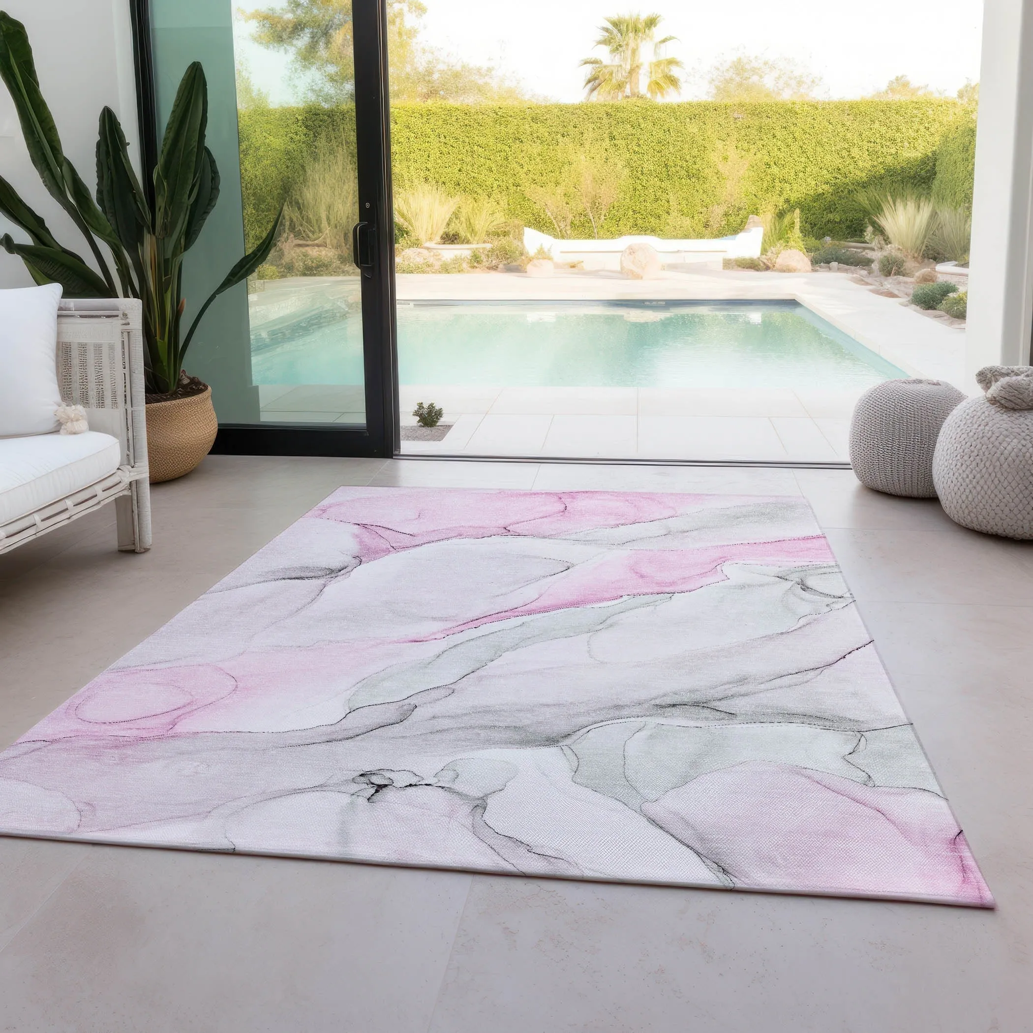 Machine Washable Indoor/ Outdoor Abstract Watercolor Chantille Rug