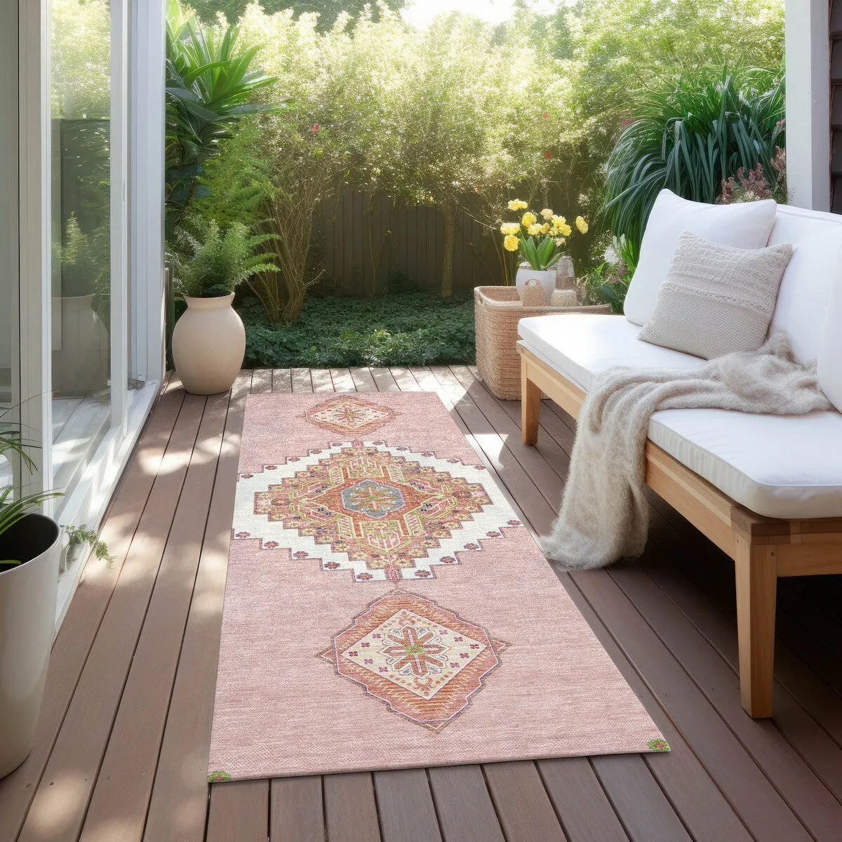Machine Washable Indoor/ Outdoor Boho Traditional Chantille Rug