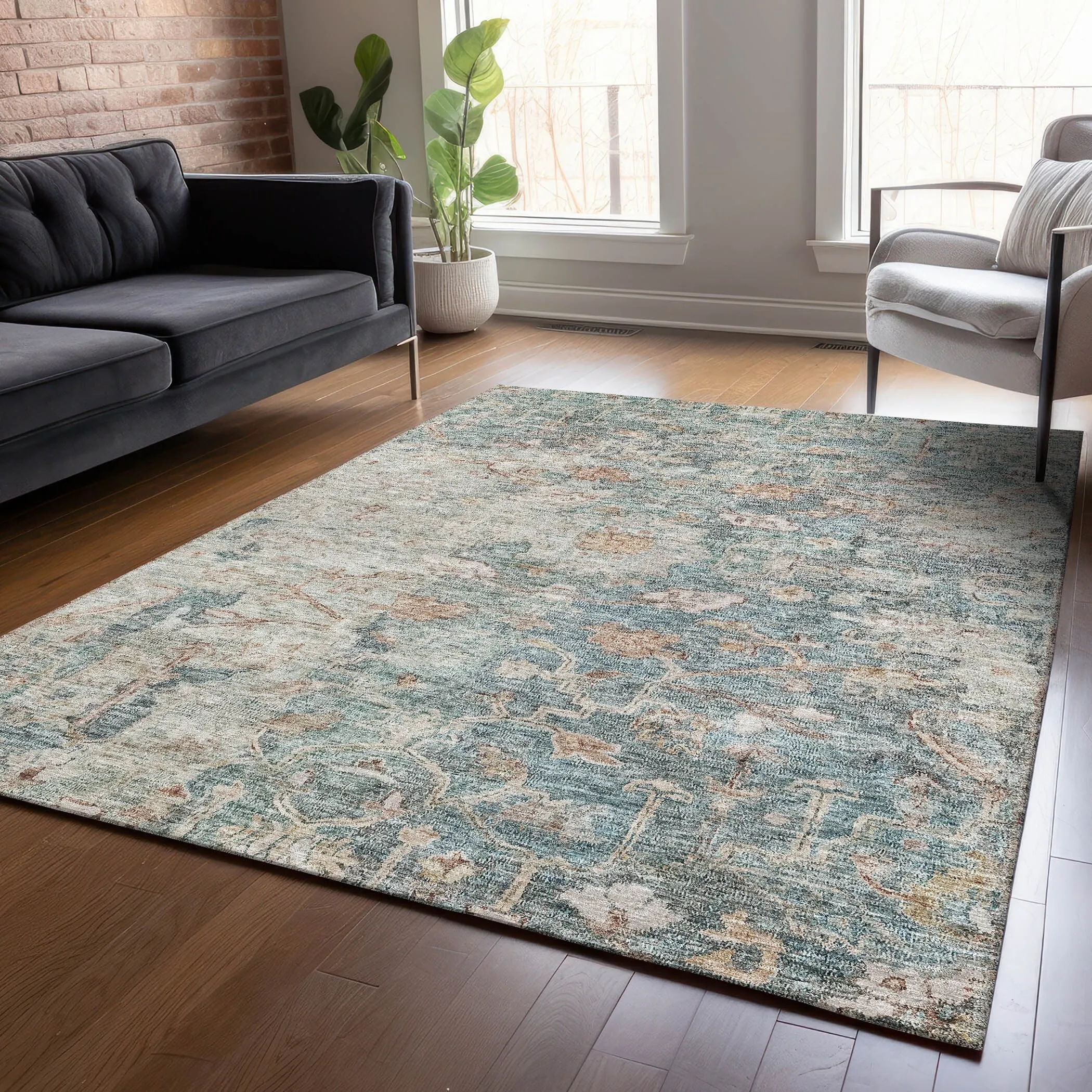 Machine Washable Indoor/ Outdoor Chantille Distressed Traditional Rug