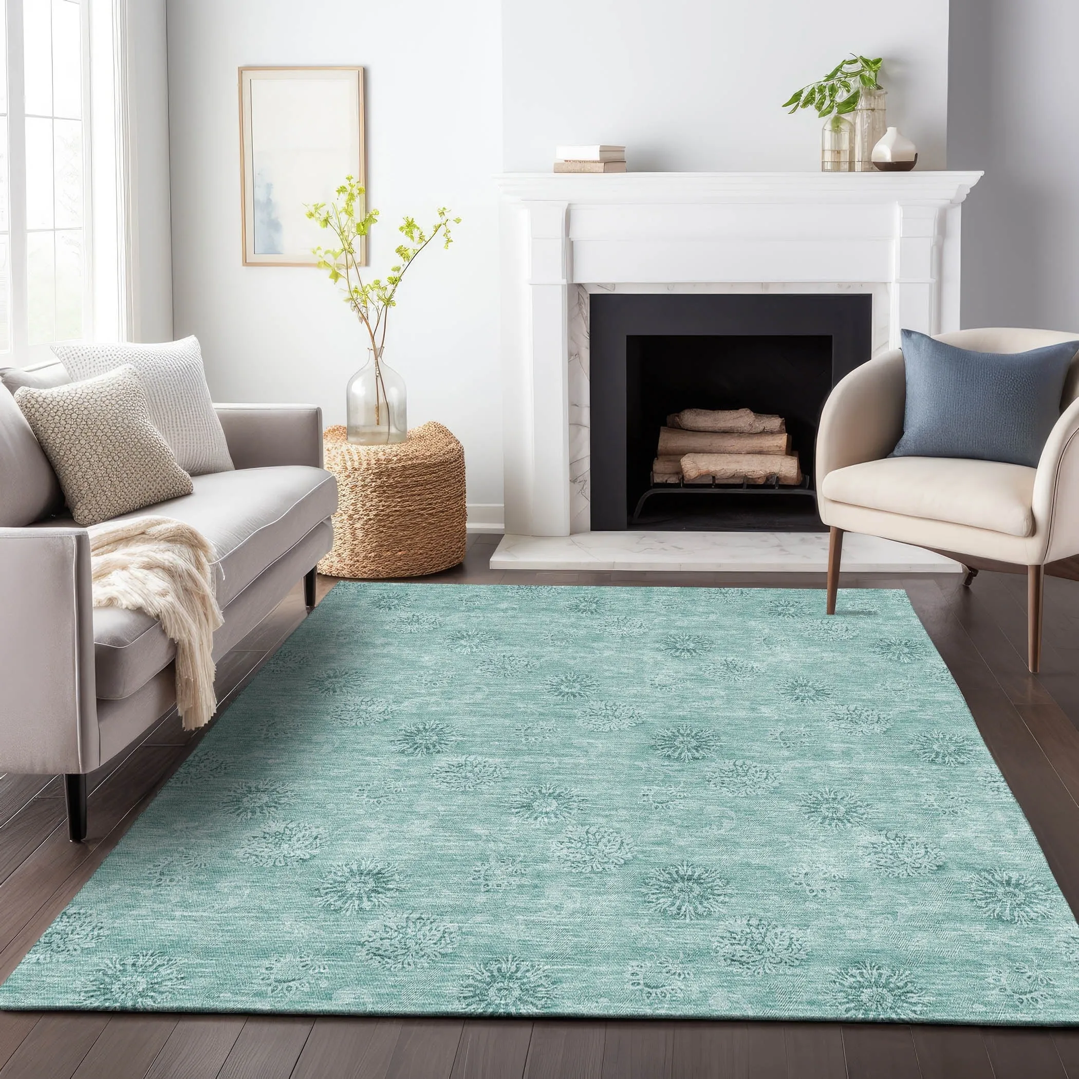 Machine Washable Indoor/ Outdoor Chantille Floral Burst Rug