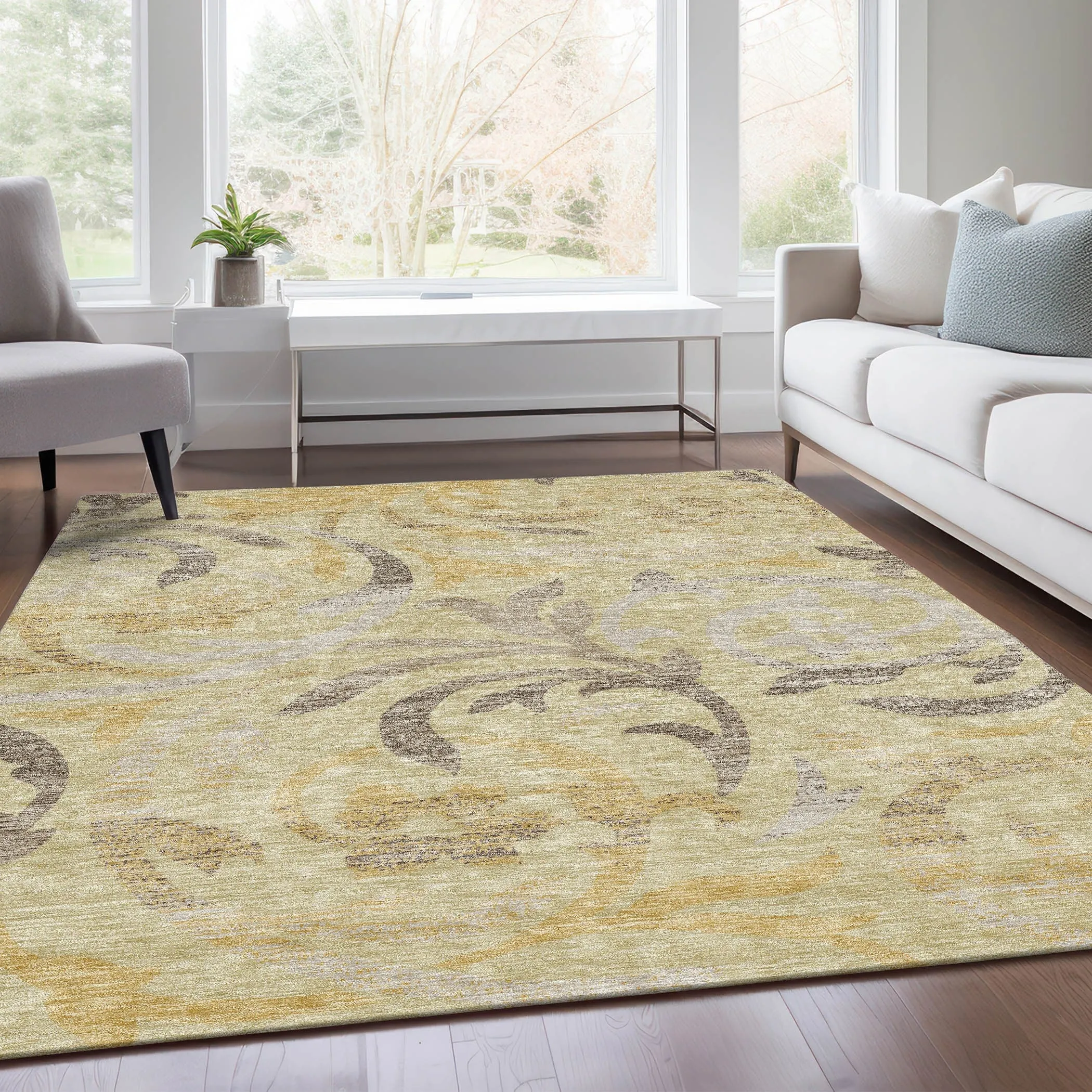 Machine Washable Indoor/ Outdoor Chantille Floral Scroll Rug