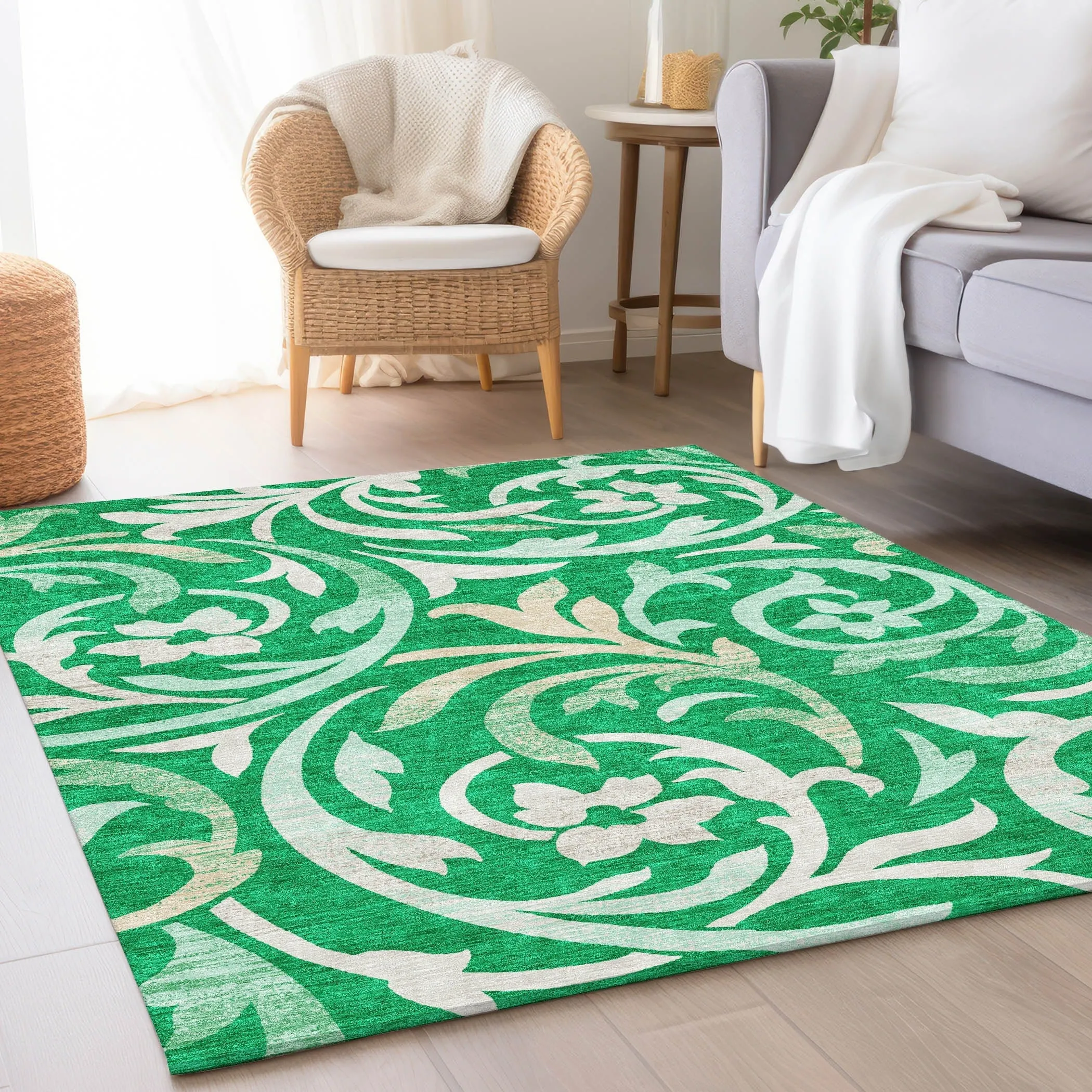 Machine Washable Indoor/ Outdoor Chantille Floral Scroll Rug
