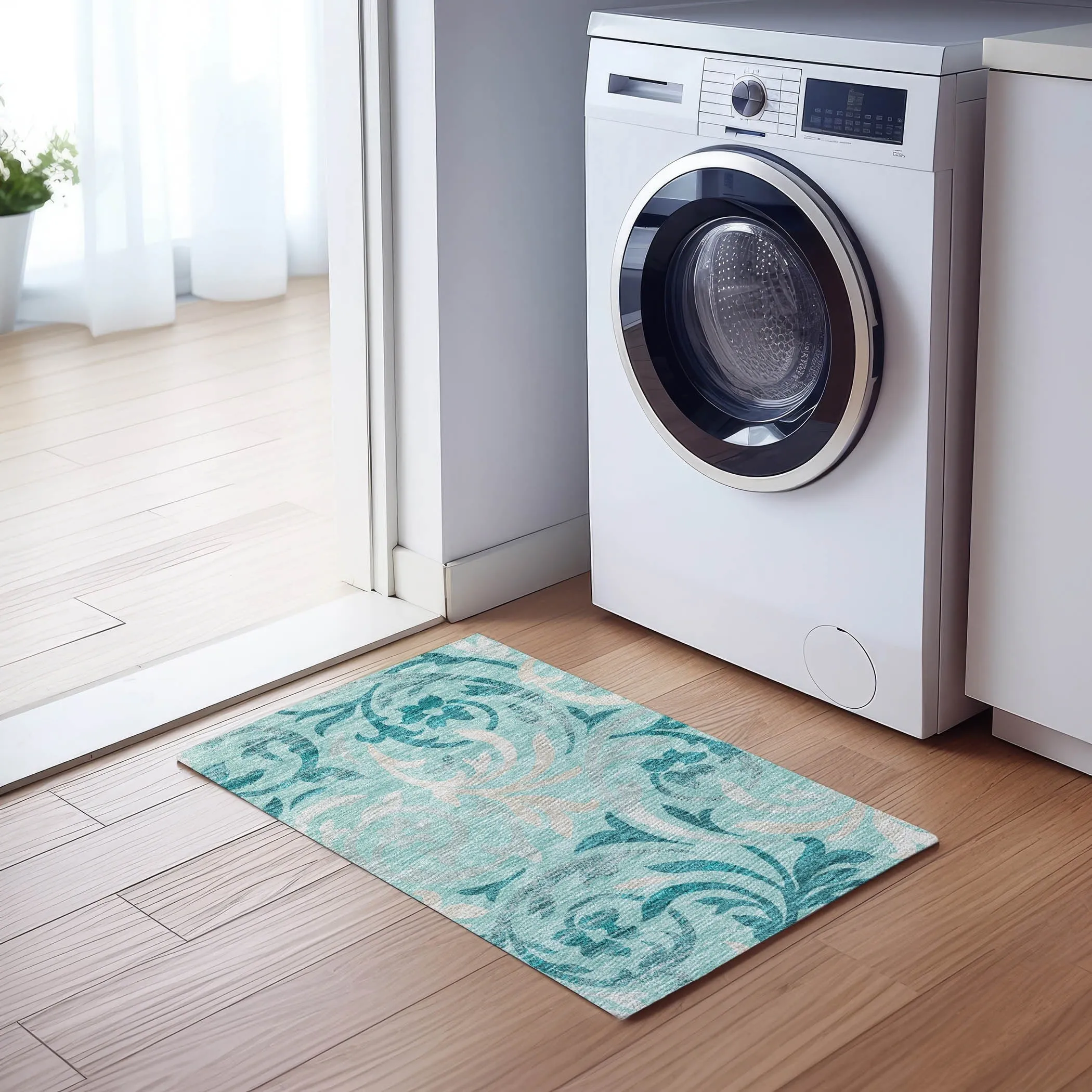 Machine Washable Indoor/ Outdoor Chantille Floral Scroll Rug