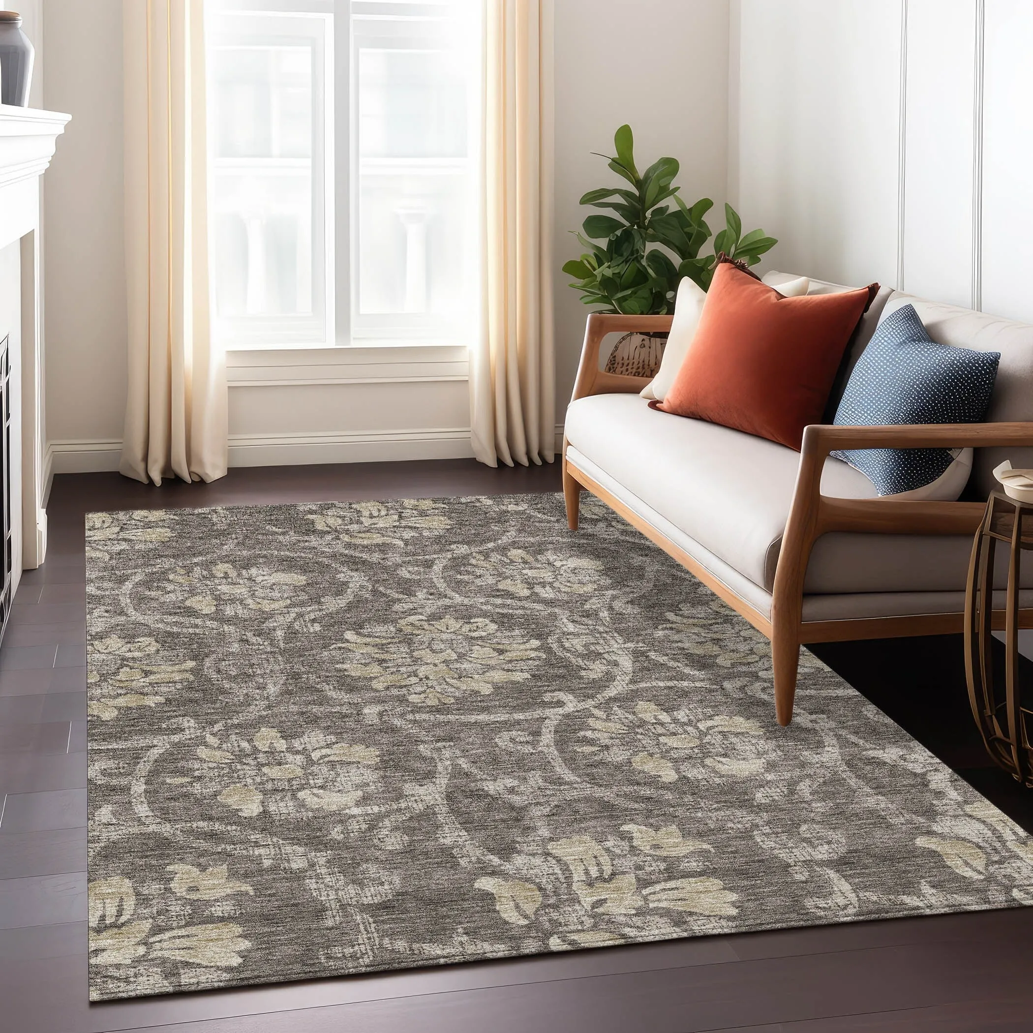 Machine Washable Indoor/ Outdoor Chantille Floral Scroll Rug