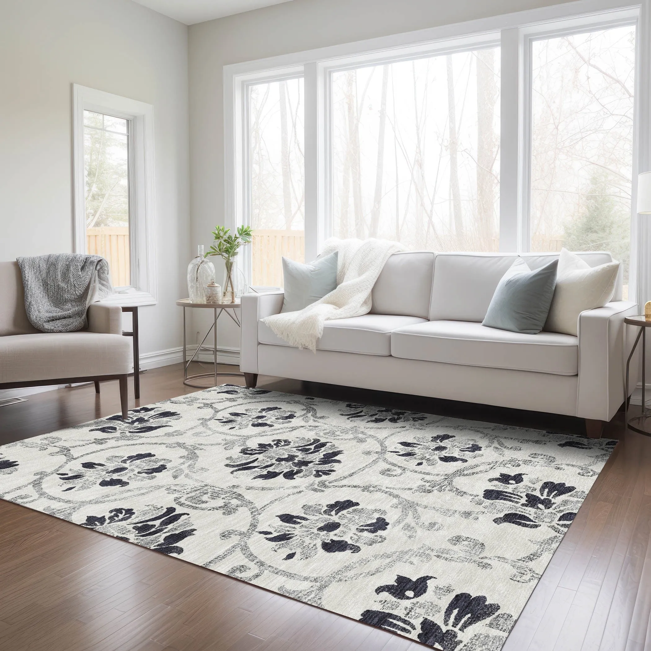 Machine Washable Indoor/ Outdoor Chantille Floral Scroll Rug