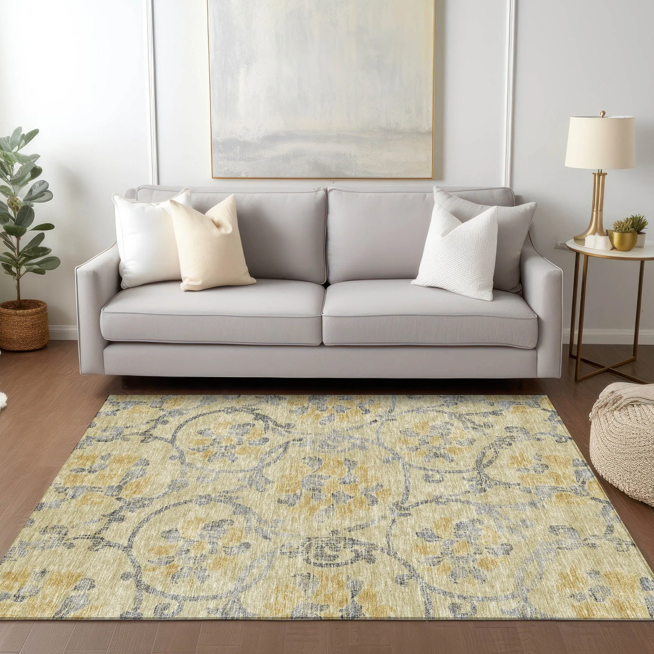 Machine Washable Indoor/ Outdoor Chantille Floral Scroll Rug
