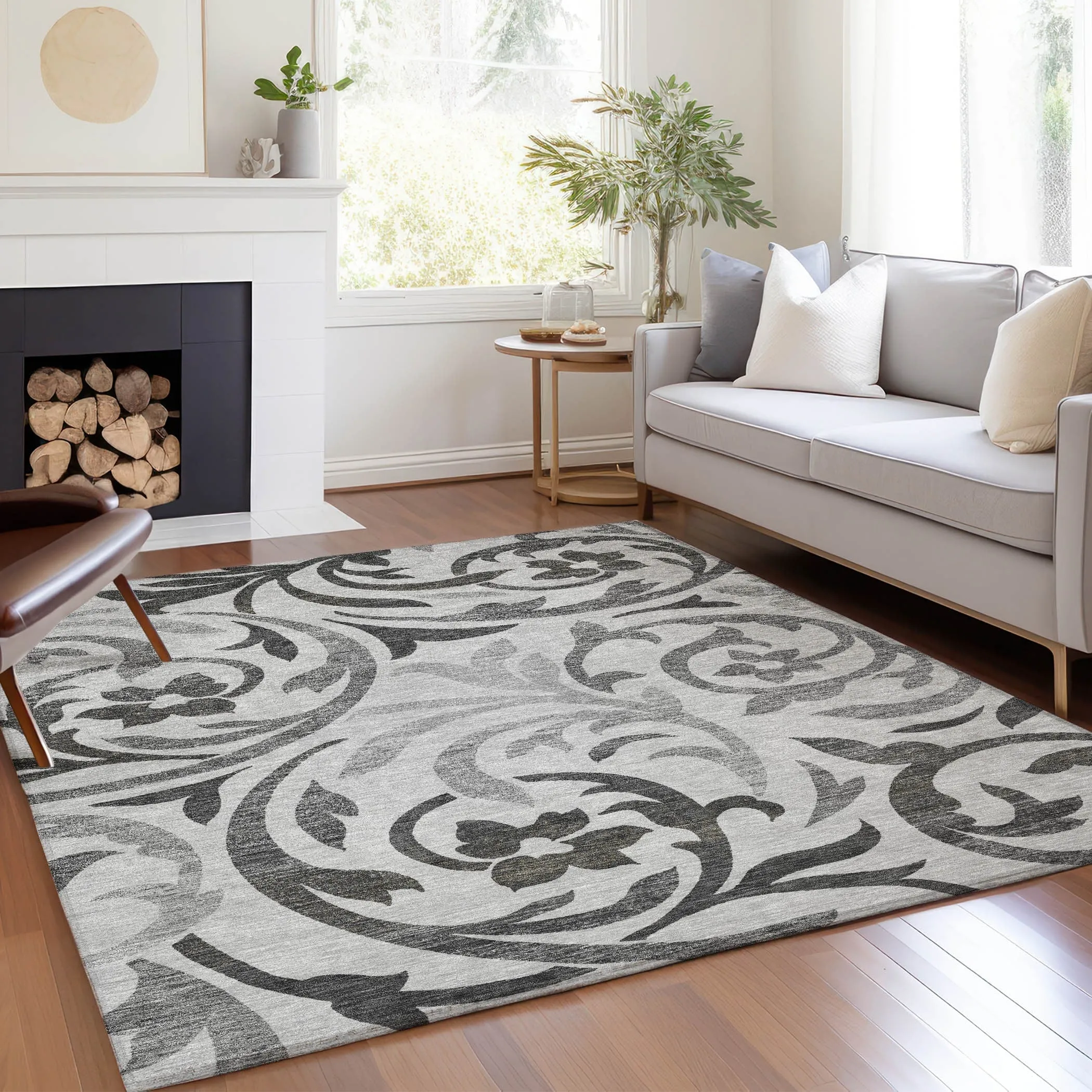 Machine Washable Indoor/ Outdoor Chantille Floral Scroll Rug