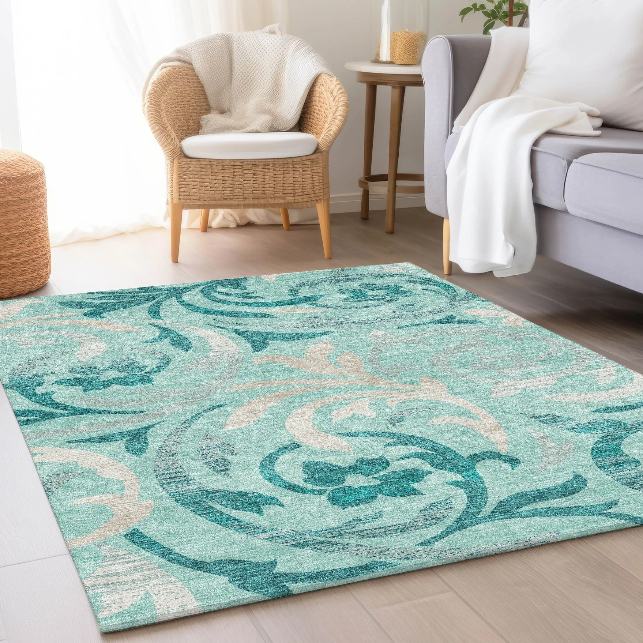 Machine Washable Indoor/ Outdoor Chantille Floral Scroll Rug