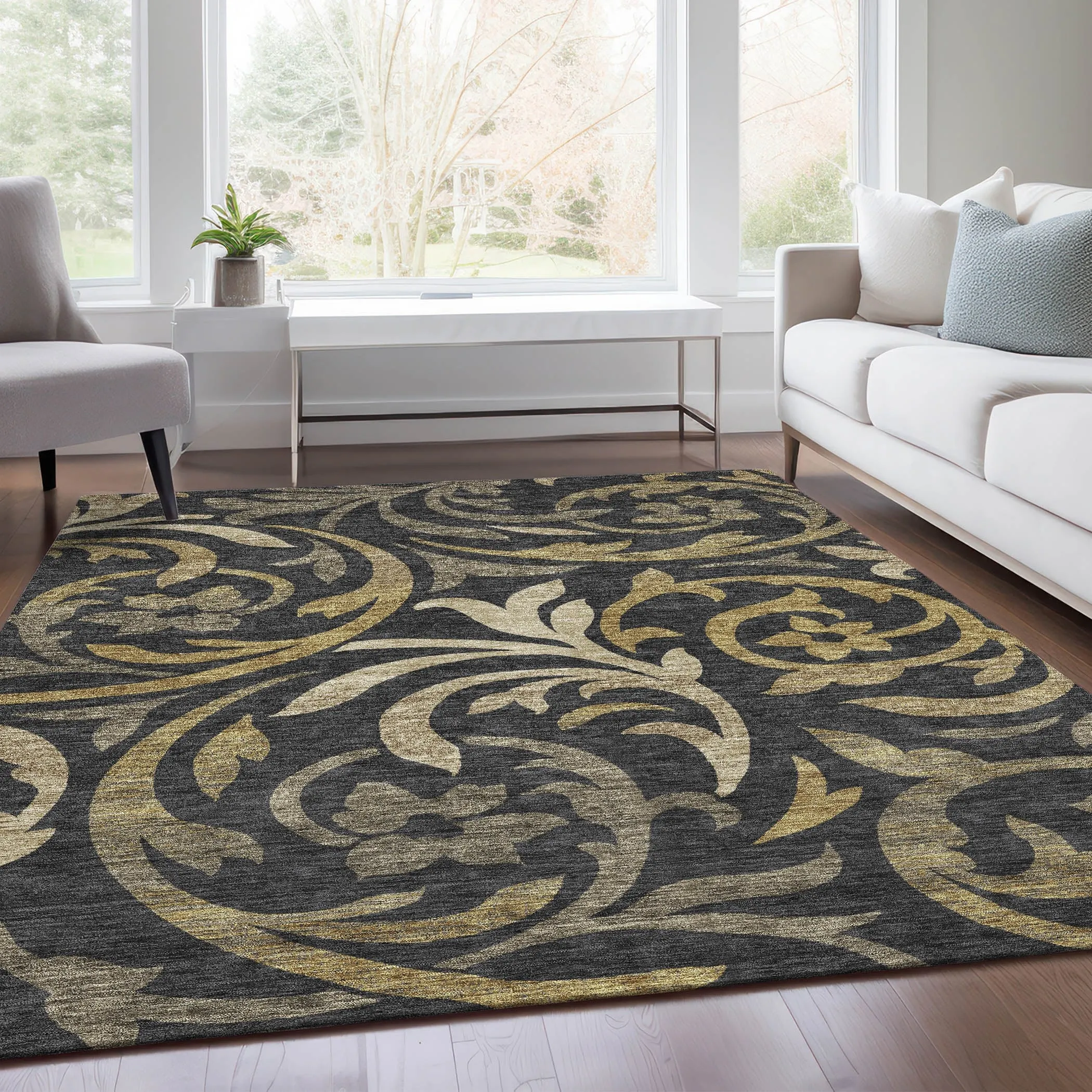 Machine Washable Indoor/ Outdoor Chantille Floral Scroll Rug