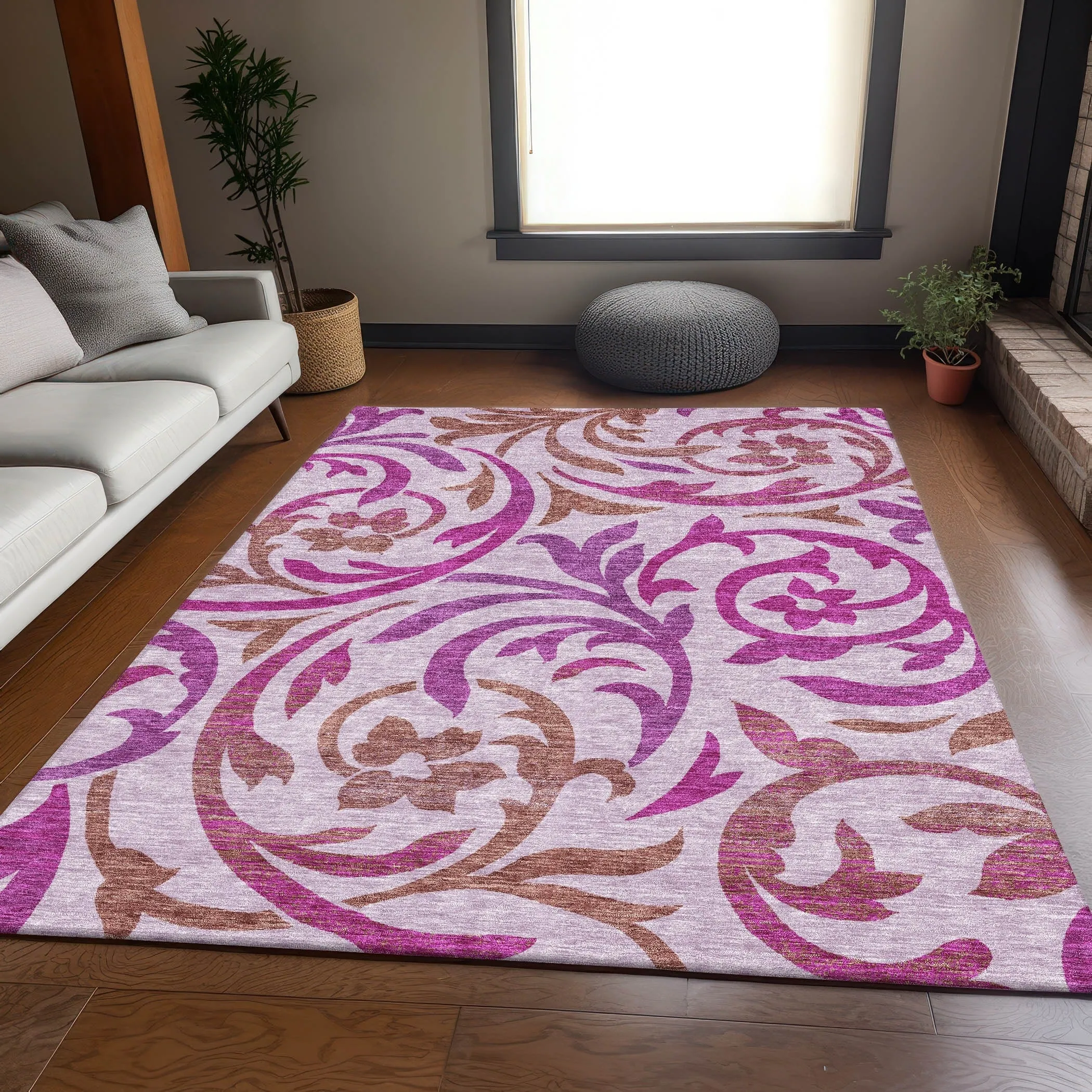 Machine Washable Indoor/ Outdoor Chantille Floral Scroll Rug