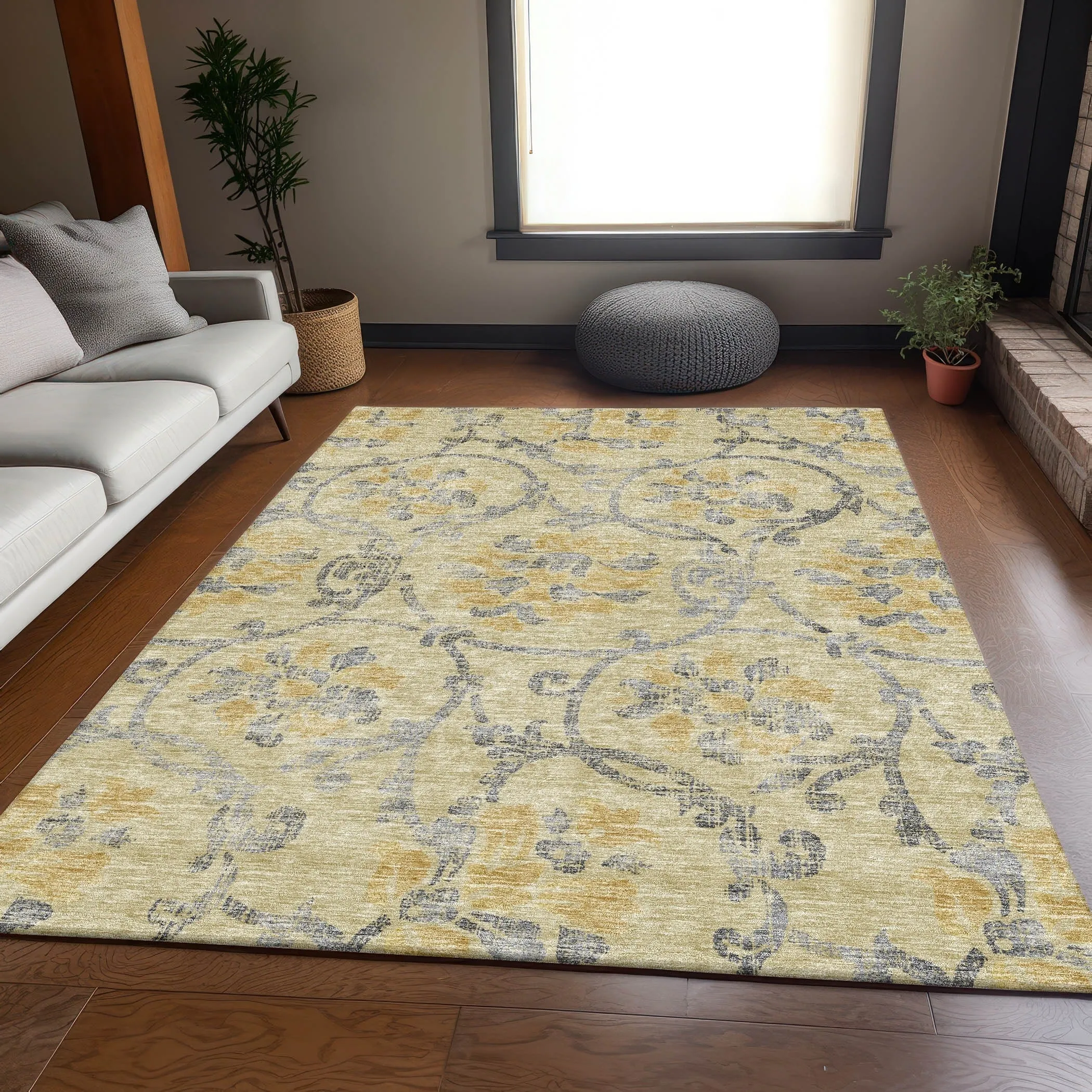 Machine Washable Indoor/ Outdoor Chantille Floral Scroll Rug