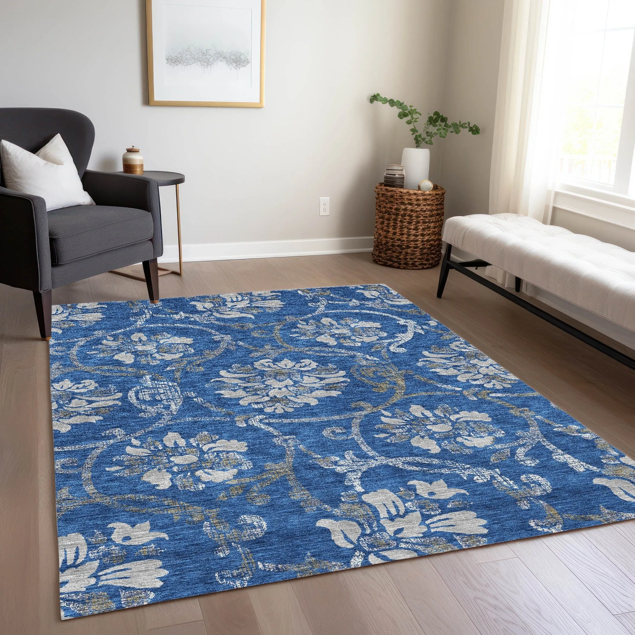 Machine Washable Indoor/ Outdoor Chantille Floral Scroll Rug