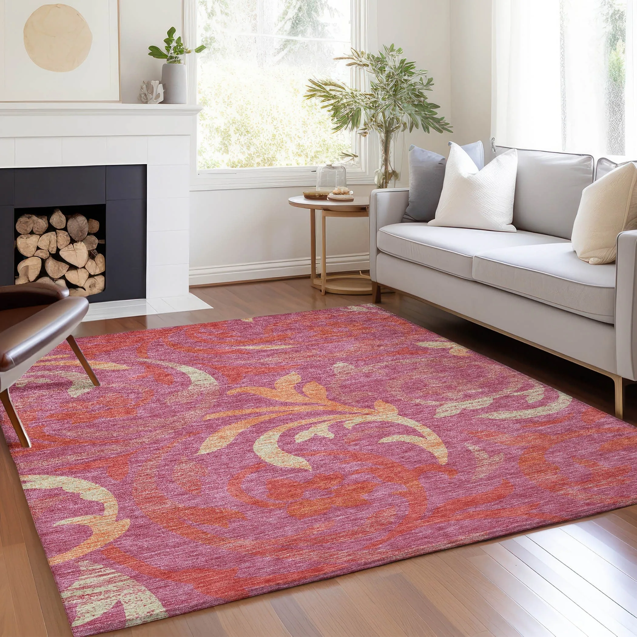 Machine Washable Indoor/ Outdoor Chantille Floral Scroll Rug