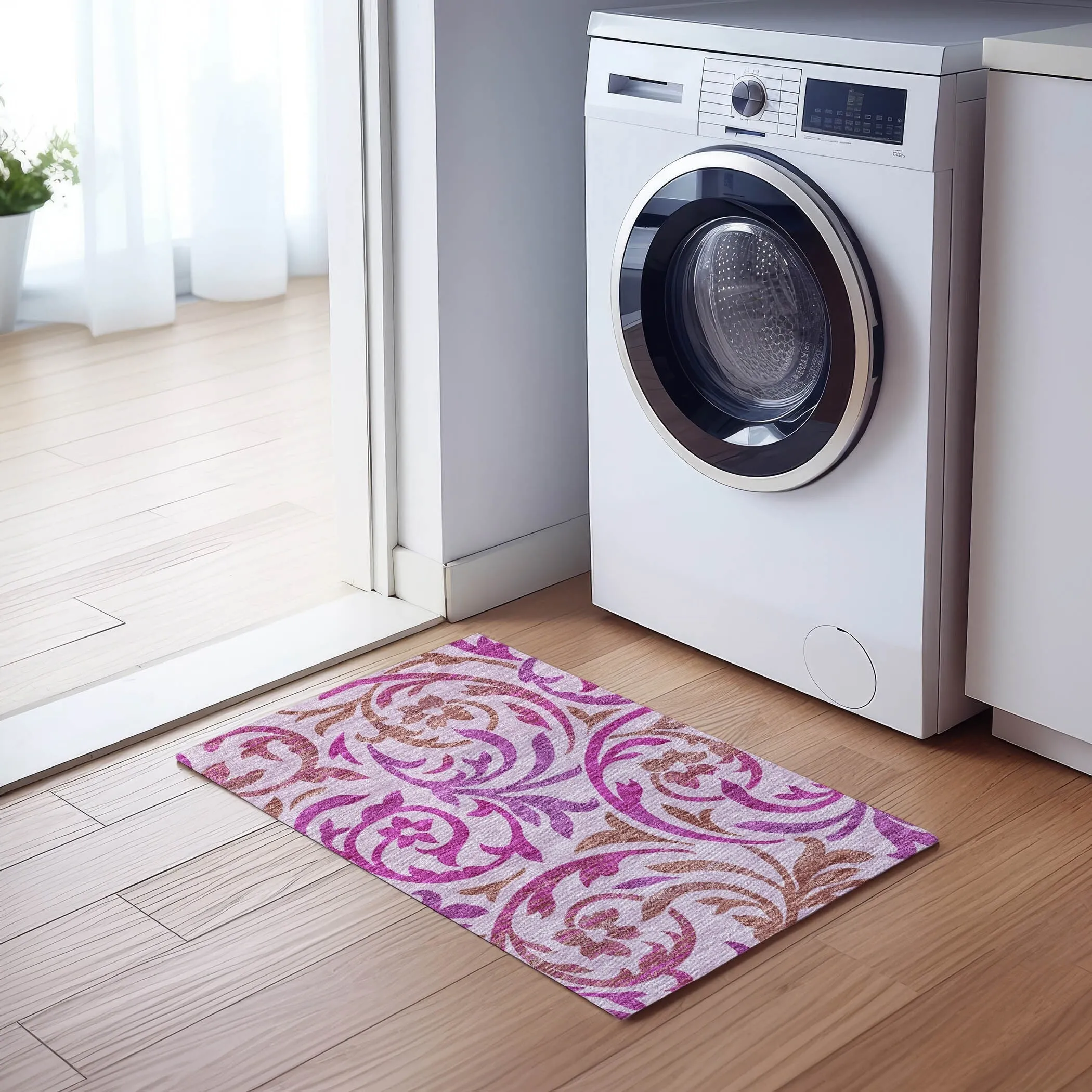 Machine Washable Indoor/ Outdoor Chantille Floral Scroll Rug