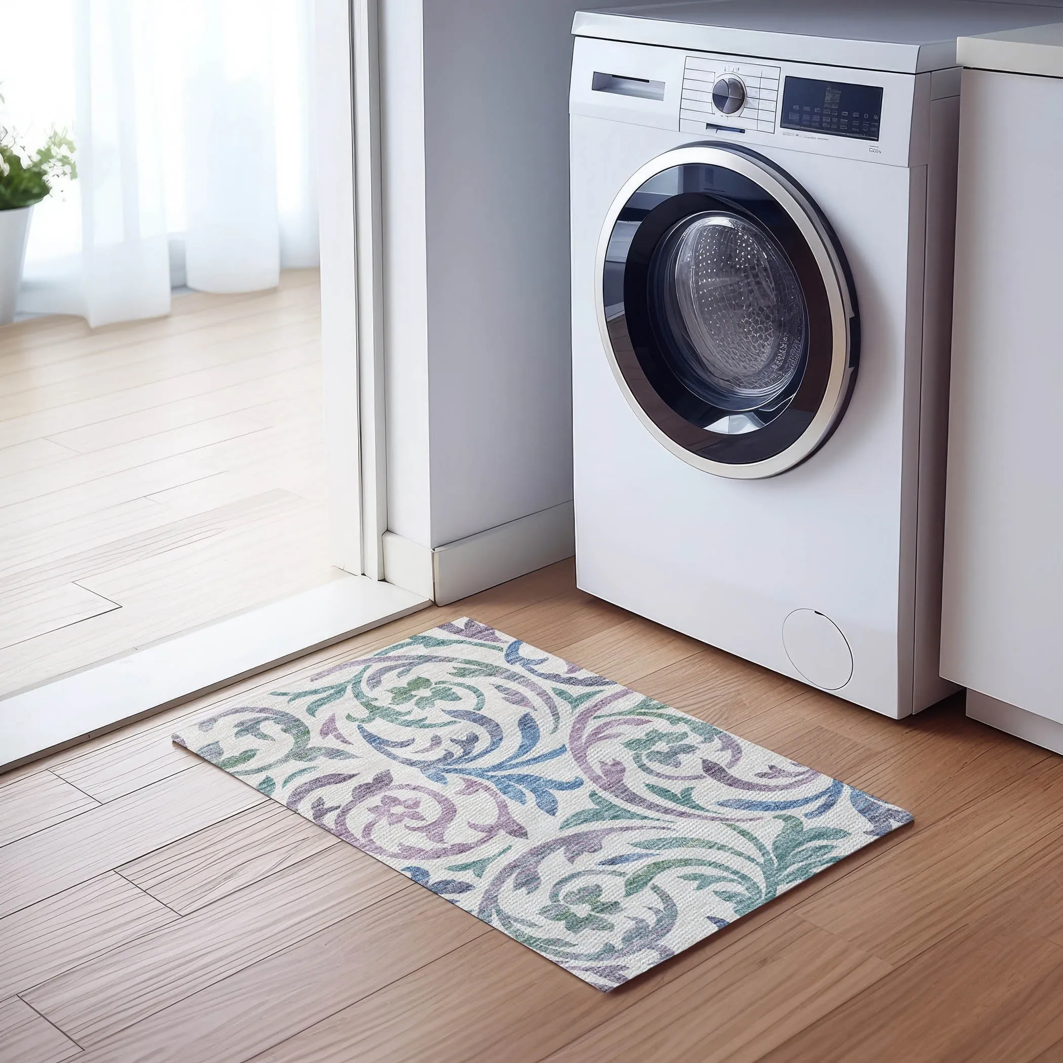 Machine Washable Indoor/ Outdoor Chantille Floral Scroll Rug