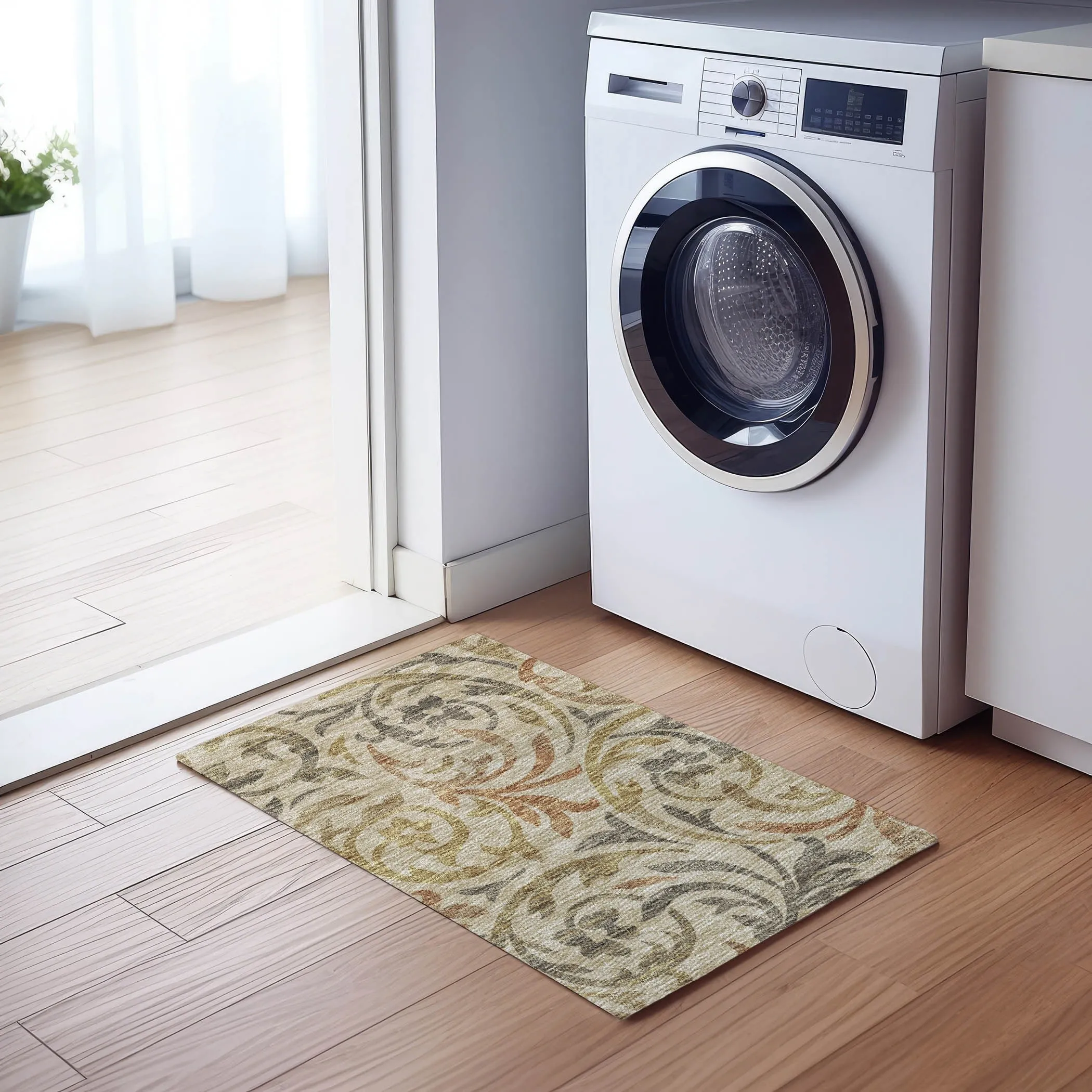 Machine Washable Indoor/ Outdoor Chantille Floral Scroll Rug
