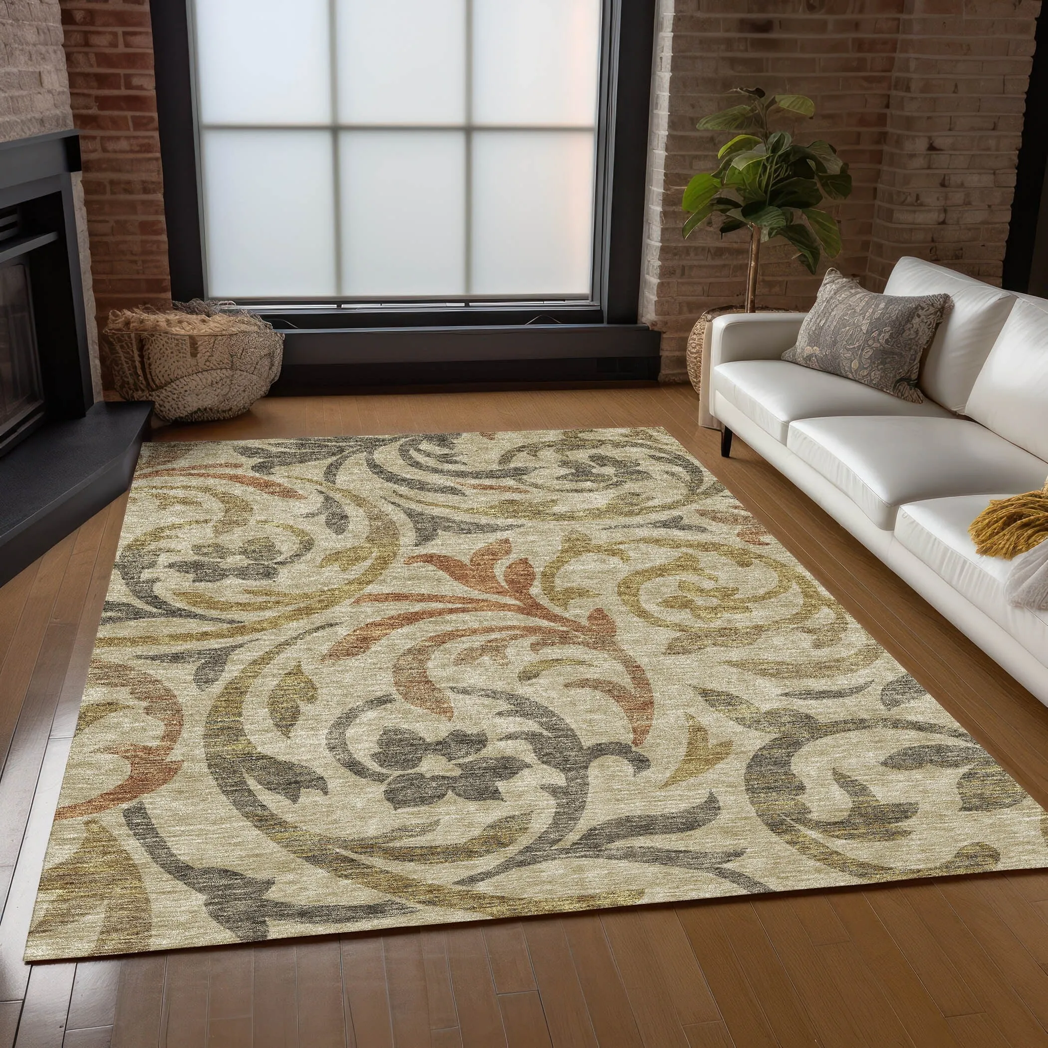 Machine Washable Indoor/ Outdoor Chantille Floral Scroll Rug