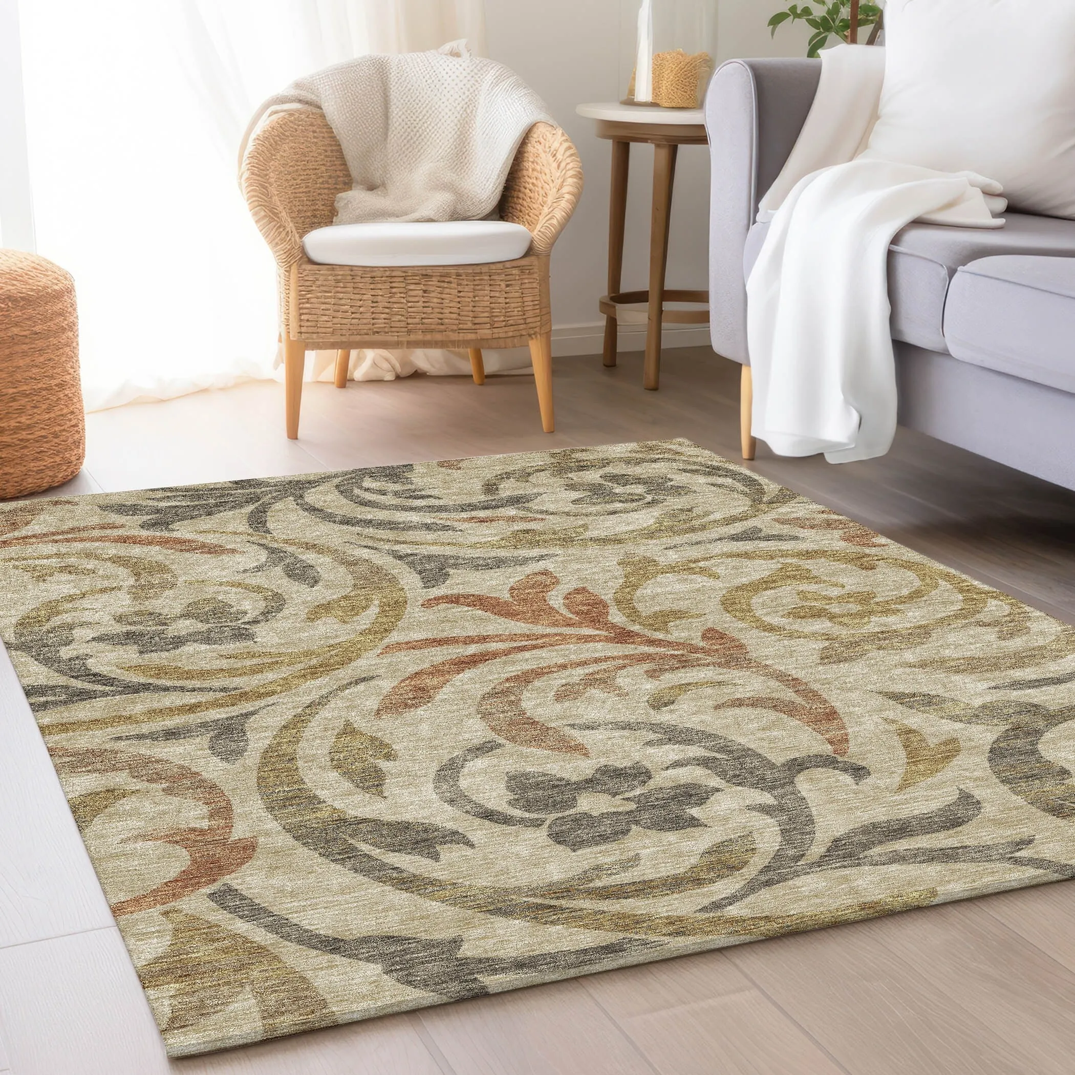 Machine Washable Indoor/ Outdoor Chantille Floral Scroll Rug