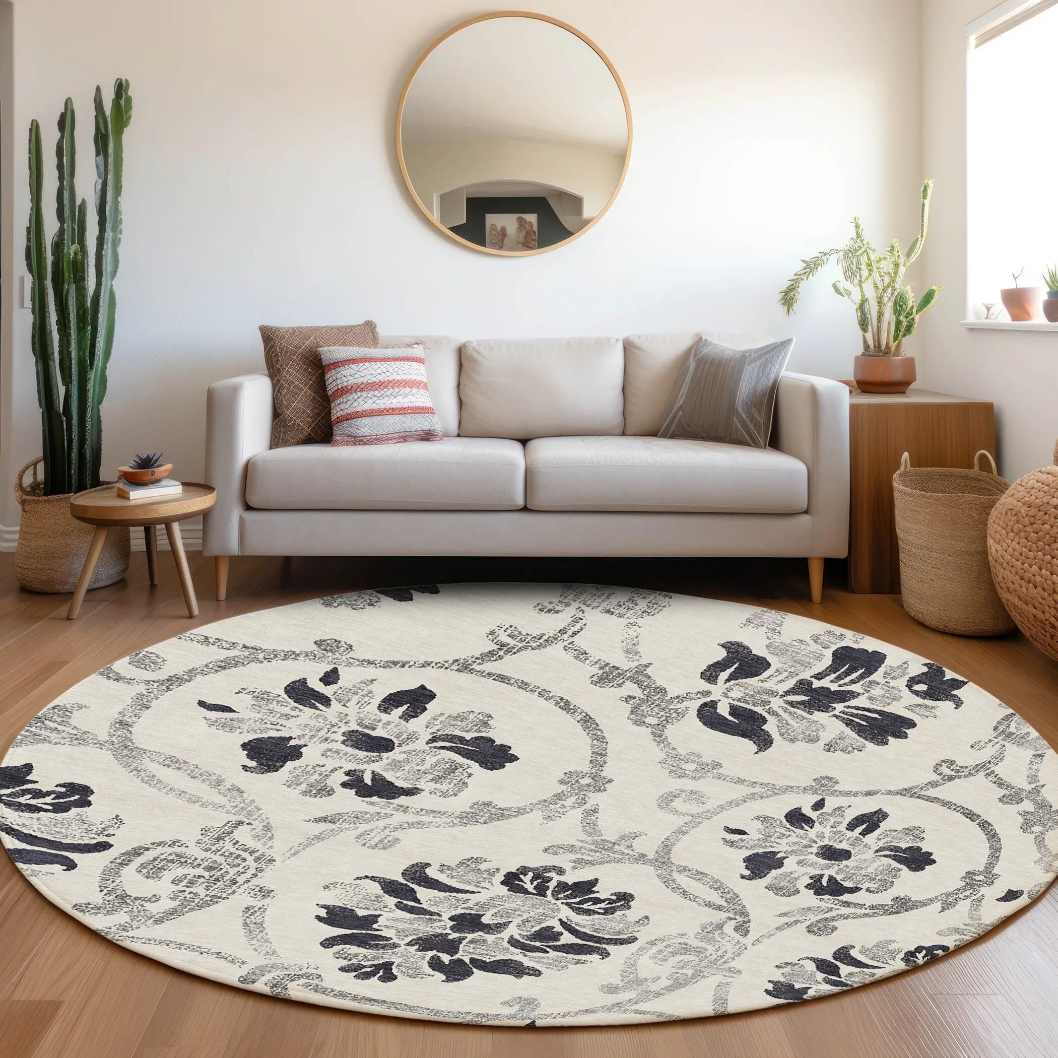 Machine Washable Indoor/ Outdoor Chantille Floral Scroll Rug