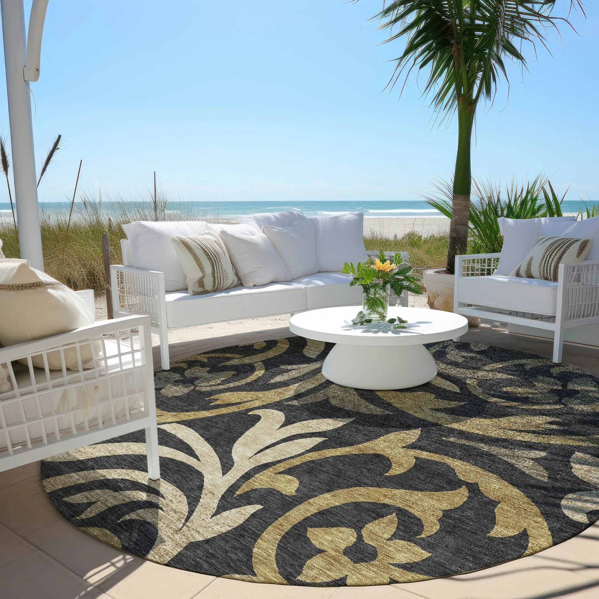 Machine Washable Indoor/ Outdoor Chantille Floral Scroll Rug