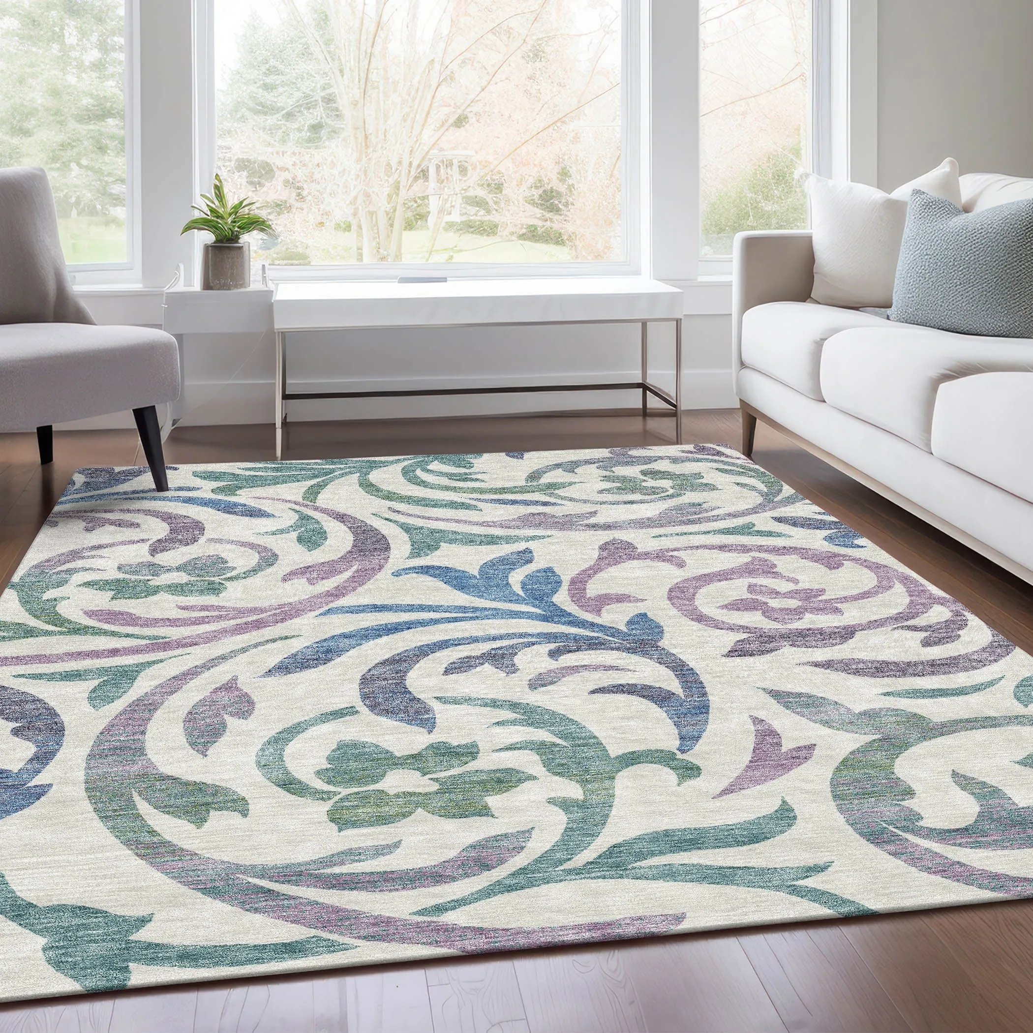 Machine Washable Indoor/ Outdoor Chantille Floral Scroll Rug