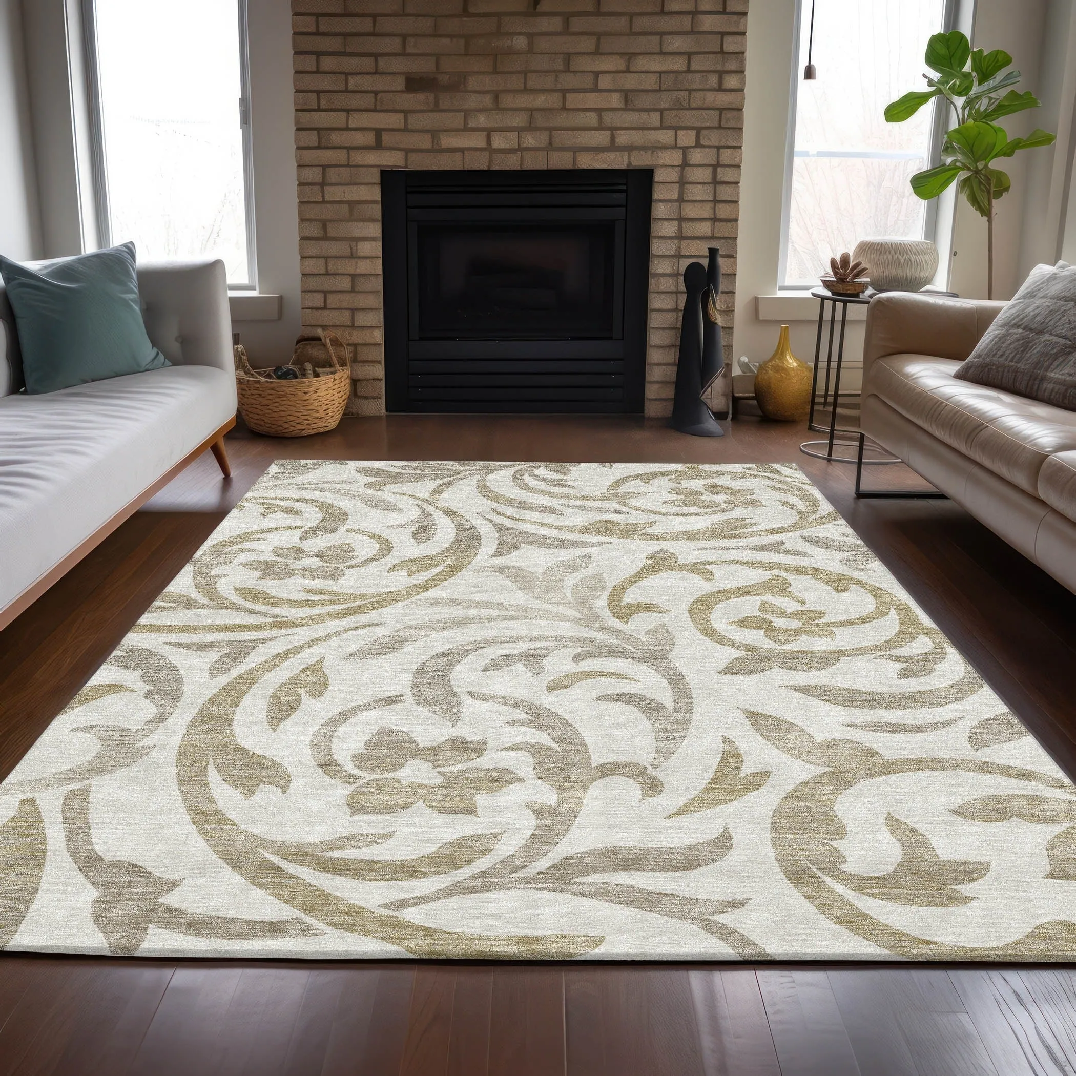 Machine Washable Indoor/ Outdoor Chantille Floral Scroll Rug