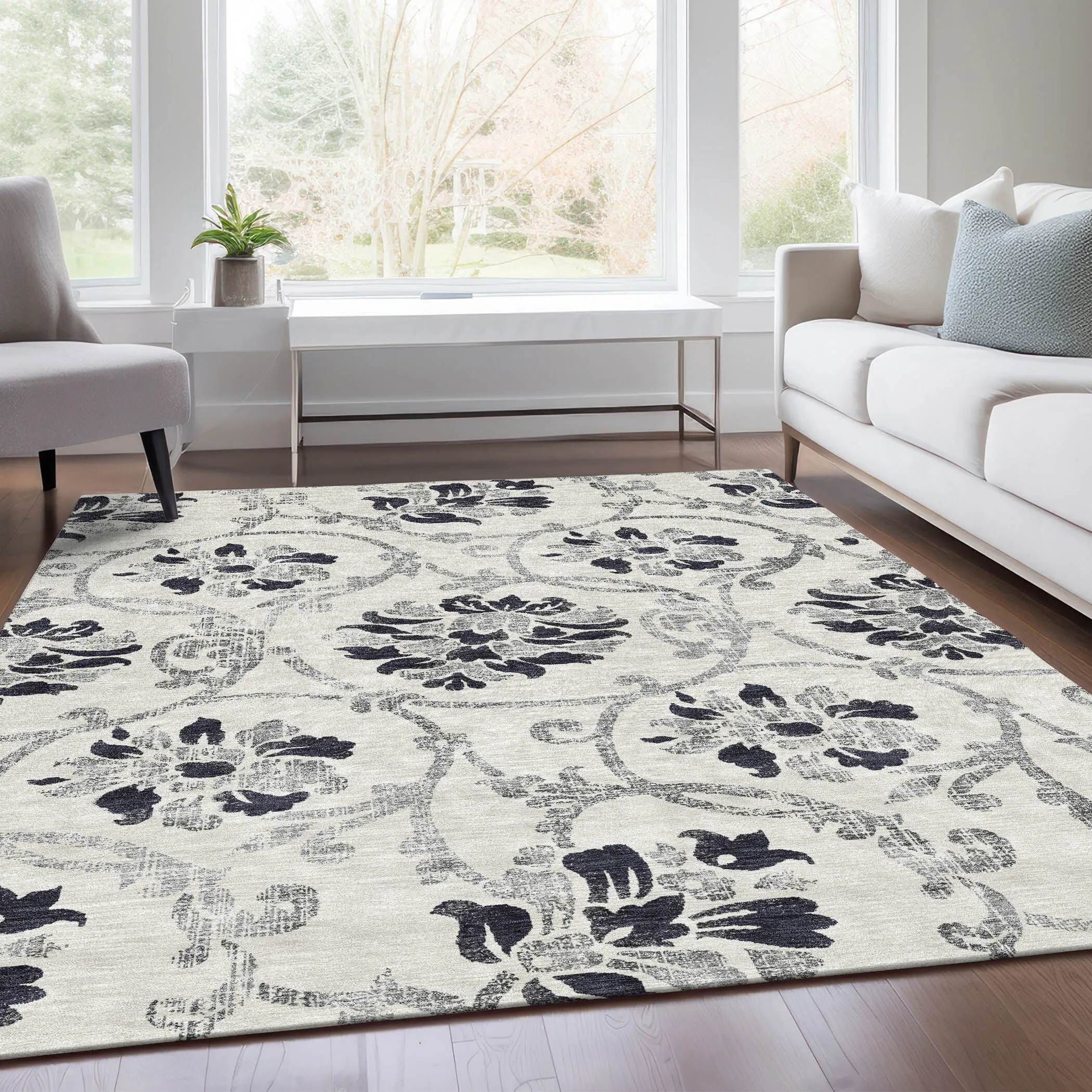 Machine Washable Indoor/ Outdoor Chantille Floral Scroll Rug