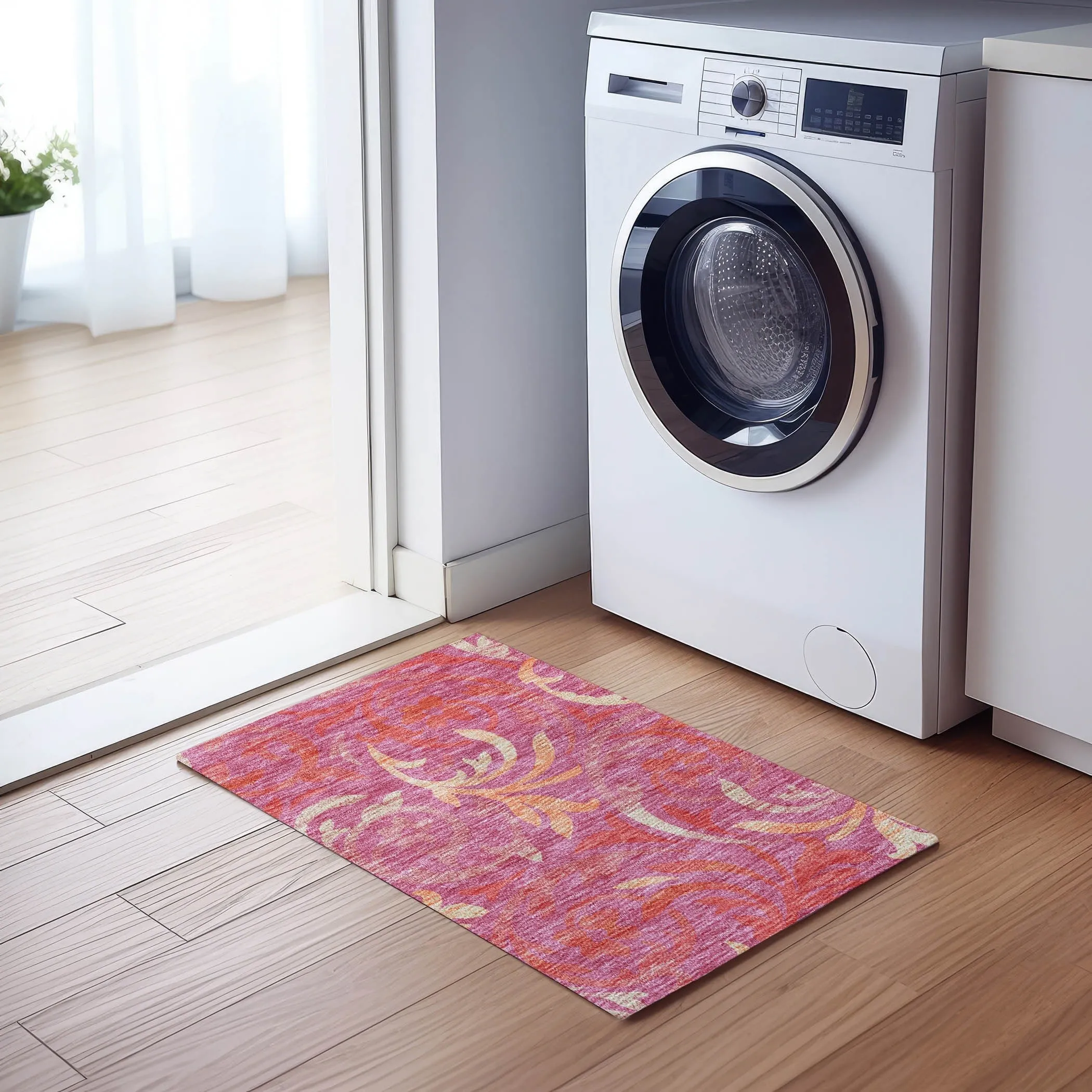 Machine Washable Indoor/ Outdoor Chantille Floral Scroll Rug