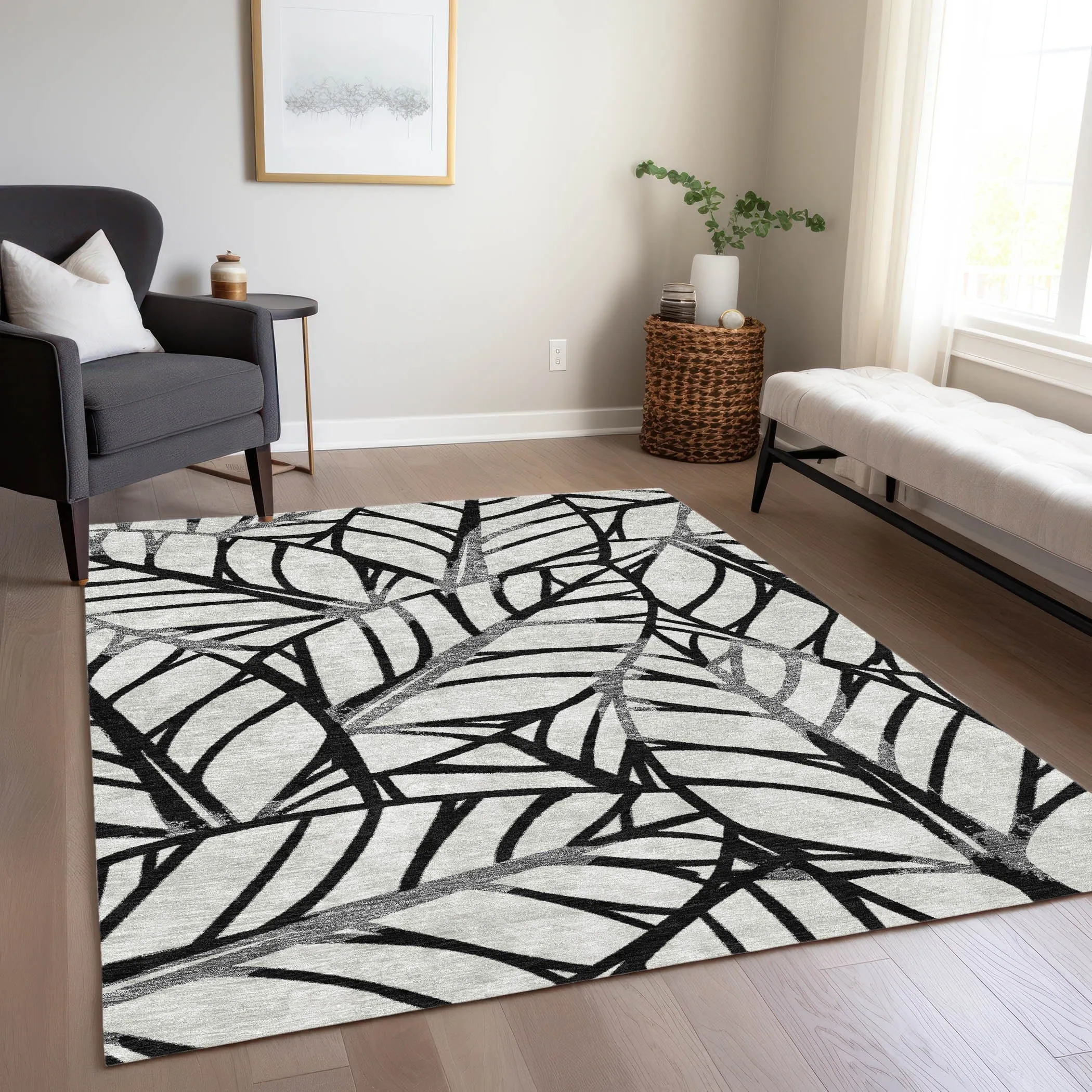 Machine Washable Indoor/ Outdoor Chantille Modern Palm Rug
