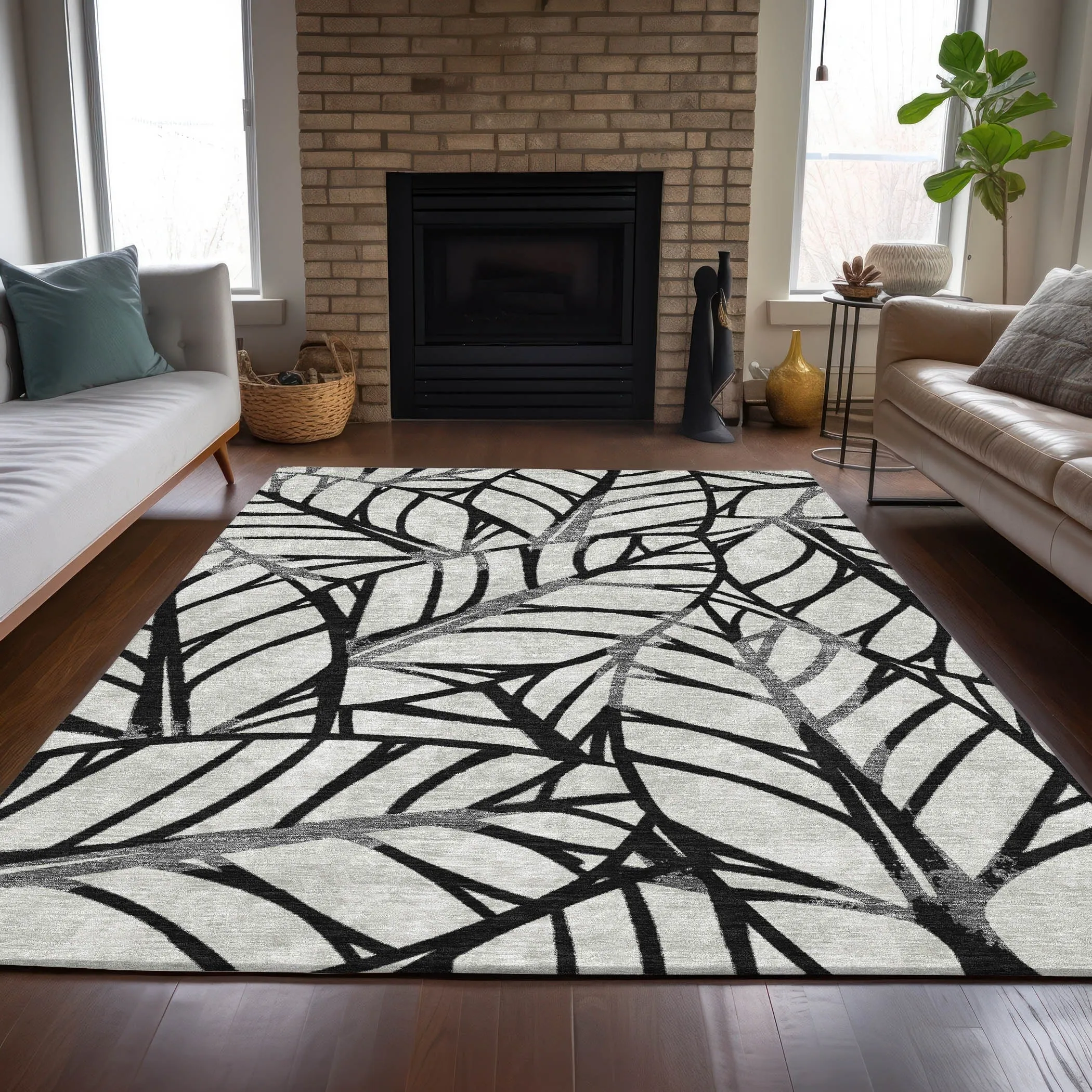 Machine Washable Indoor/ Outdoor Chantille Modern Palm Rug